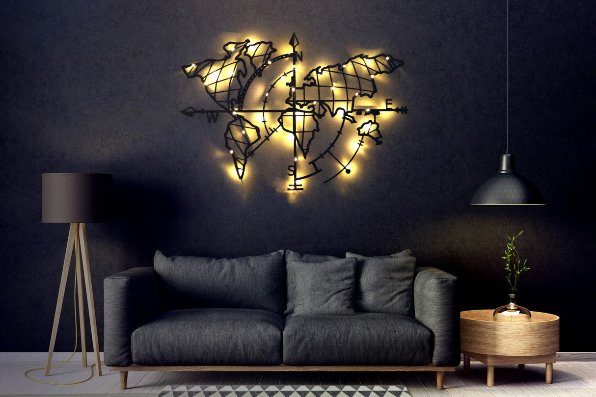 Decorațiune de perete din metal World Map Compass Led, Negru, 65x95x0 cm