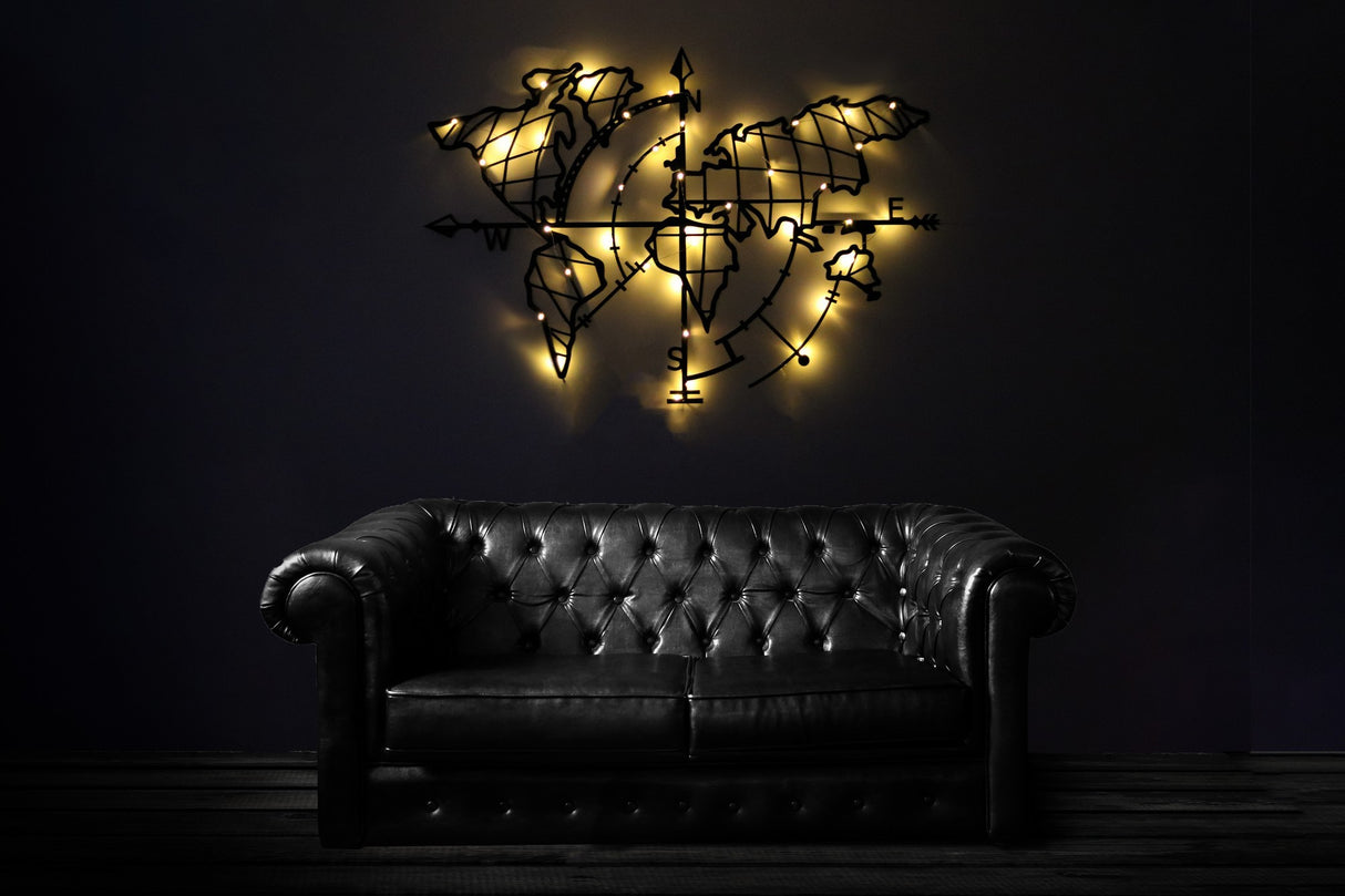 Decorațiune de perete din metal World Map Compass Led, Negru, 65x95x0 cm