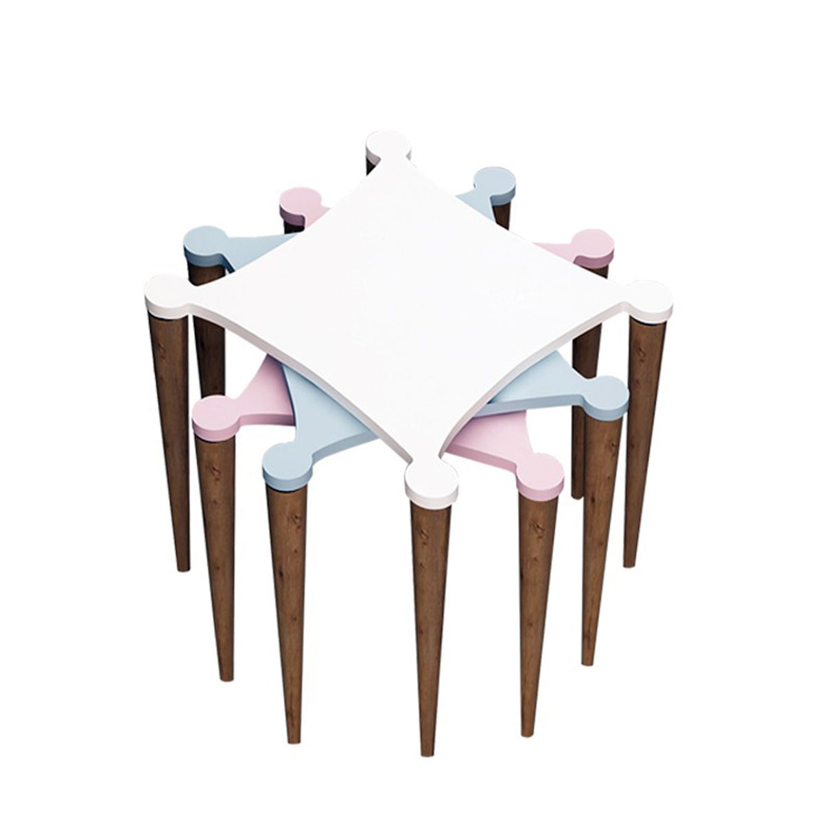 Set 3 măsuțe de cafea Tremo, Alb - Roz - Albastru - Nuc, 50x50x52 cm
