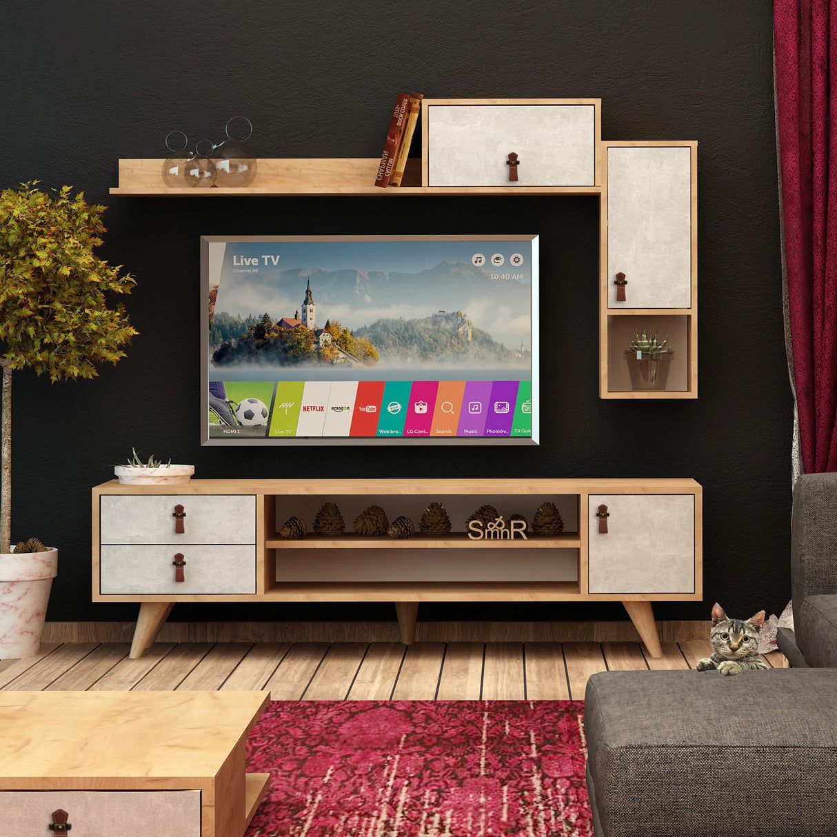Comodă TV Eleva, Stejar - Alb, 140x15x80 cm