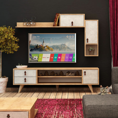 Comodă TV Eleva, Stejar - Alb, 140x15x80 cm
