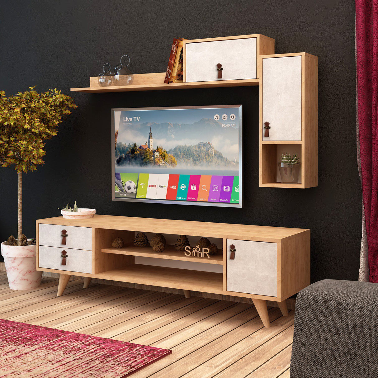 Comodă TV Eleva, Stejar - Alb, 140x15x80 cm