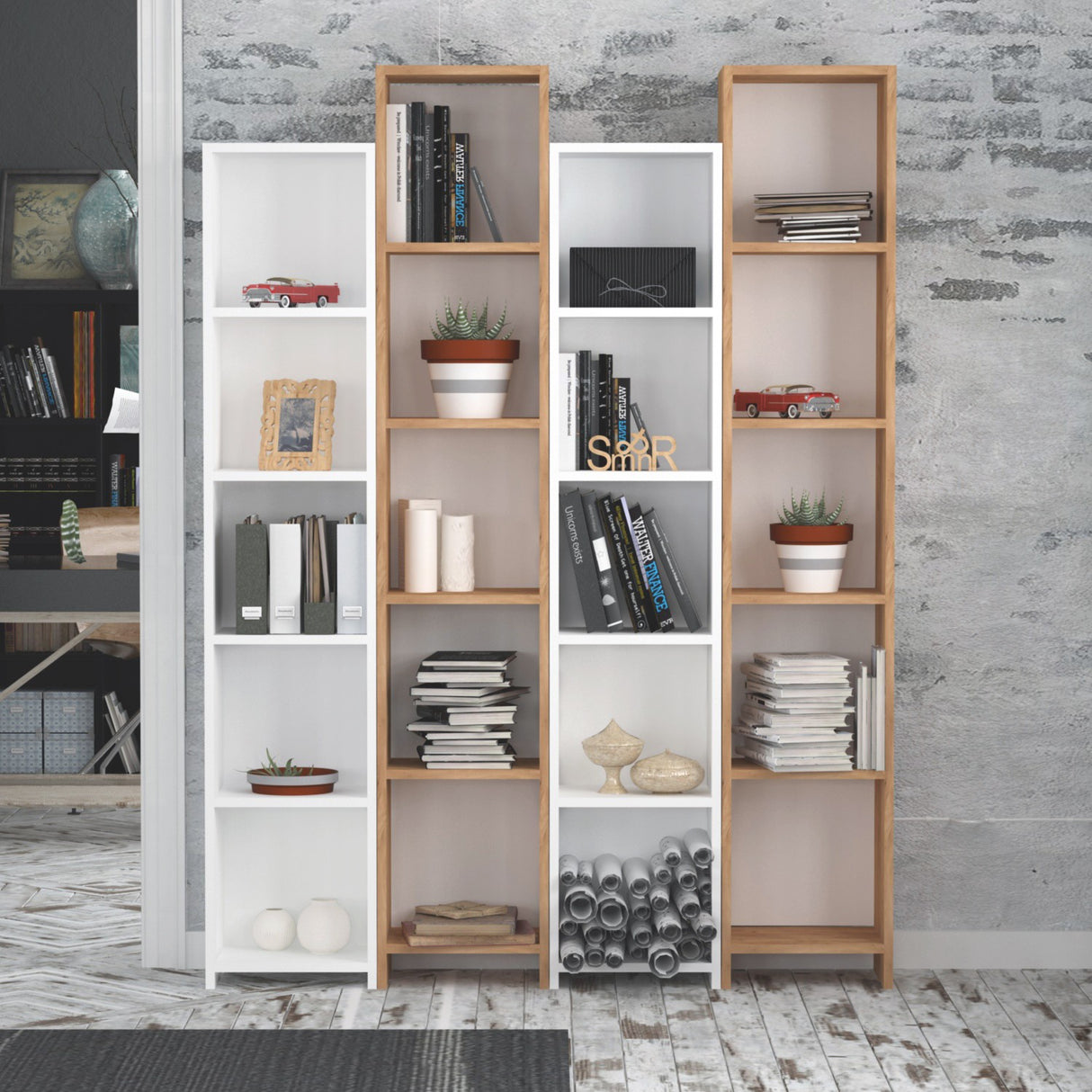 Bibliotecă Semm, Stejar - Alb, 34x25x180 cm