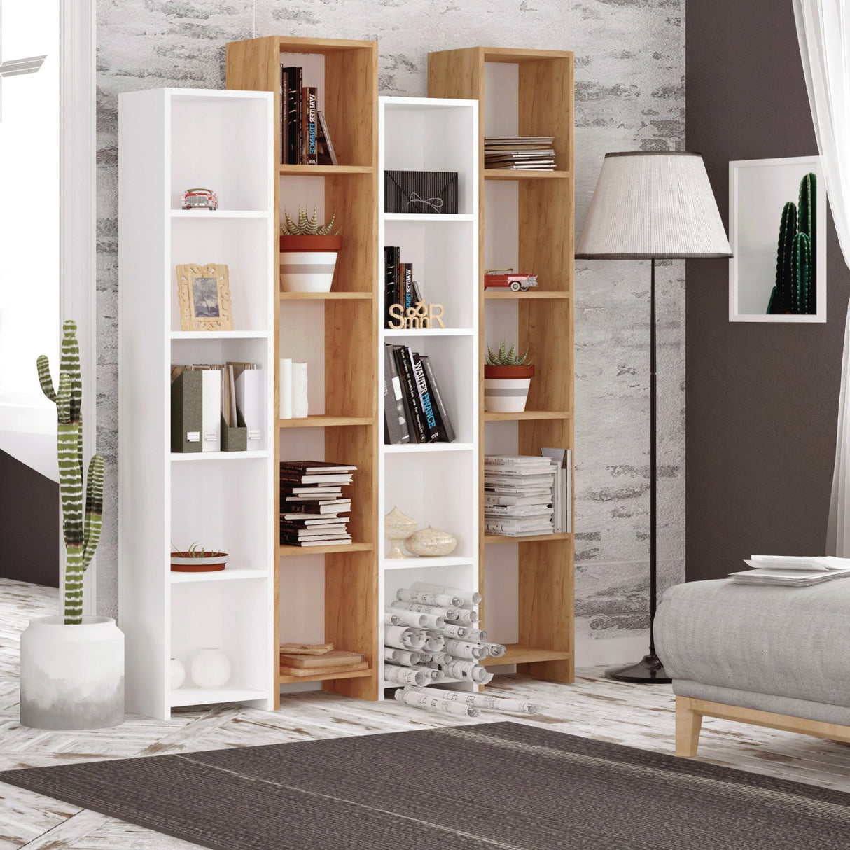 Bibliotecă Semm, Stejar - Alb, 34x25x180 cm