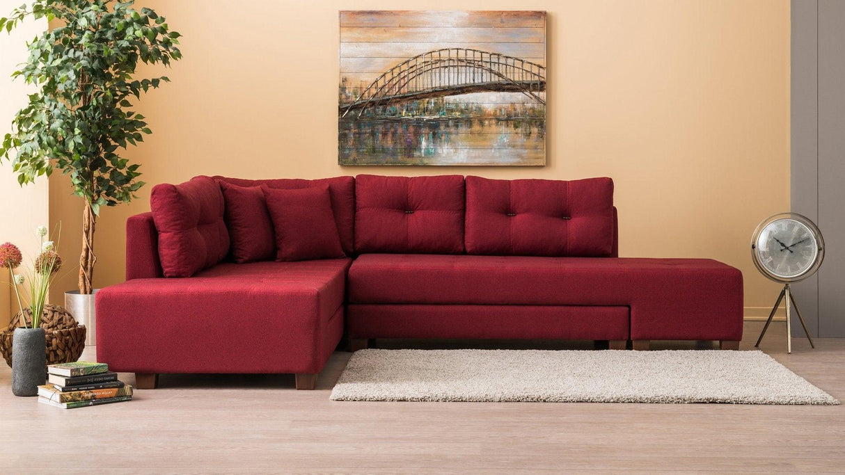 Canapea extensibilă de colț Manama, Stânga, Diverse culori, 280x206x85 cm - Bordo | SKU: 825BLC1186 | Canapea extensibilă de colț Manama, Stânga, 280x206x85 cm, varianta Bordo, produs pentru amenajarea locuinței, disponibil online în România la CasaMob