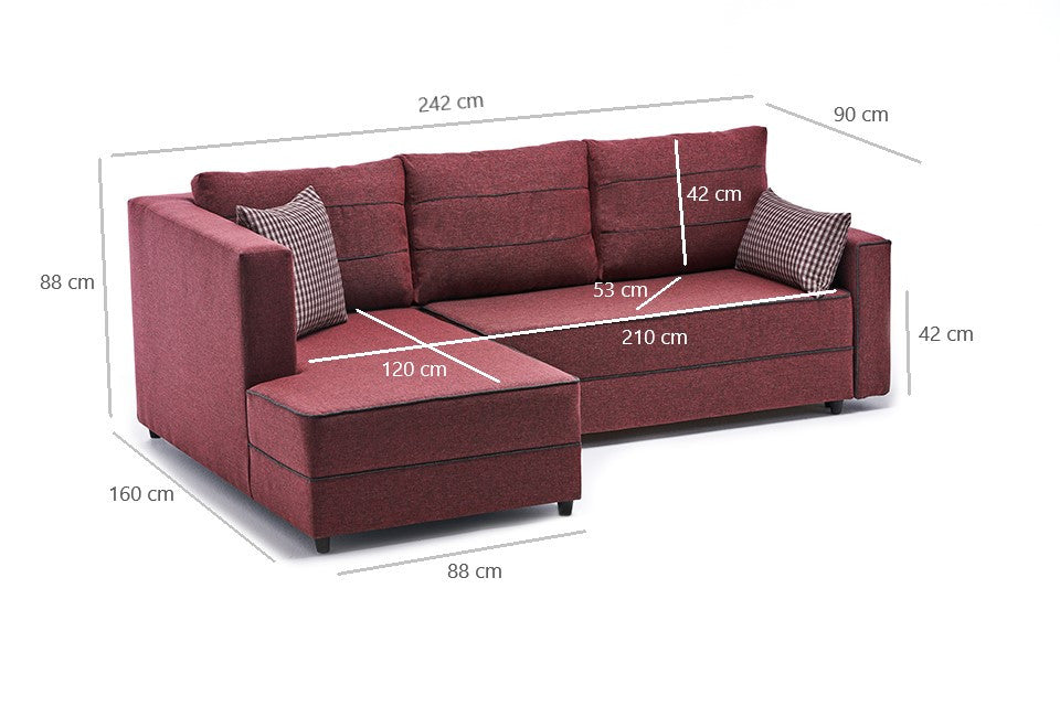 Canapea extensibilă Ece, Colț, Stânga, Diverse culori, 242x90x88 cm - Bordo | SKU: 825BLC2601 | Canapea extensibilă Ece, Colț, Stânga, 242x90x88 cm, varianta Bordo, produs pentru amenajarea locuinței, disponibil online în România la CasaMob