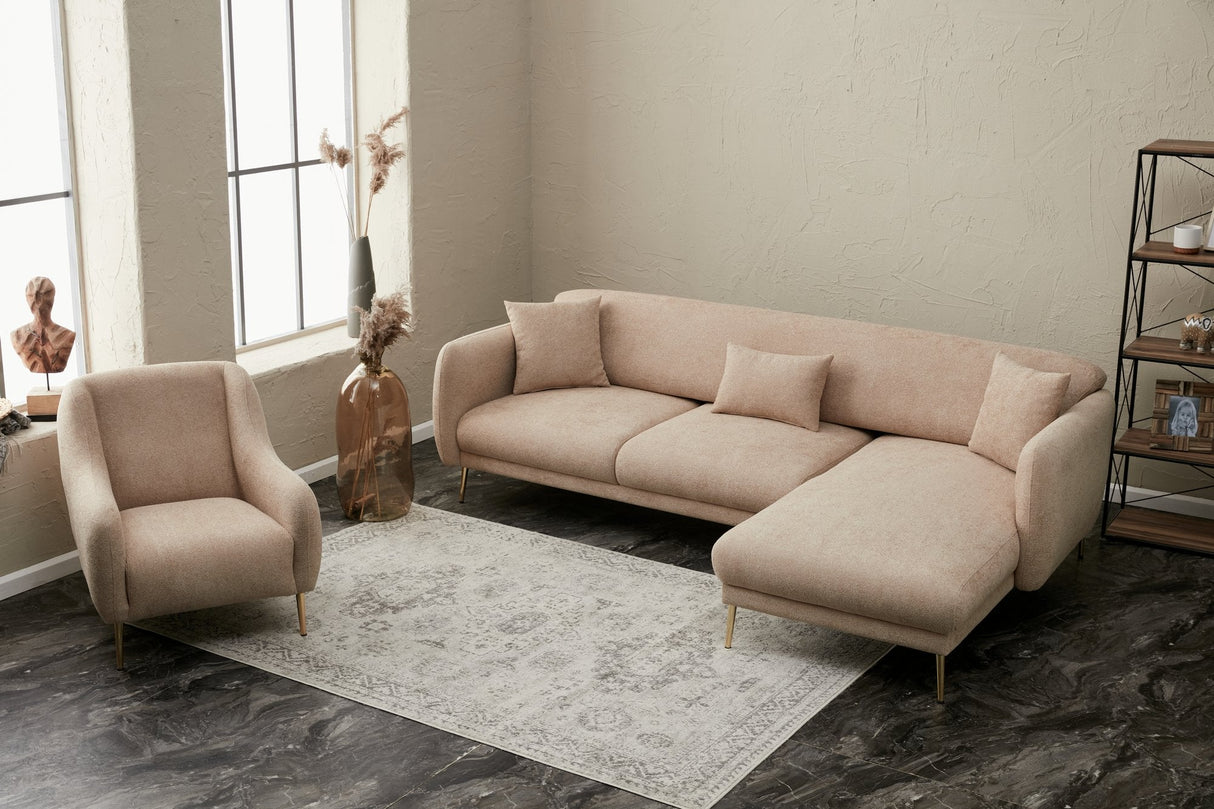 Canapea extensibilă Simena, Colț, 3 piese, Dreapta, Diverse culori, 266x65x80 cm - Bej - Auriu | SKU: 825BLC2830 | Canapea extensibilă Simena, Colț, 3 piese, Dreapta, 266x65x80 cm, varianta Bej - Auriu, produs pentru amenajarea locuinței, disponibil online în România la CasaMob