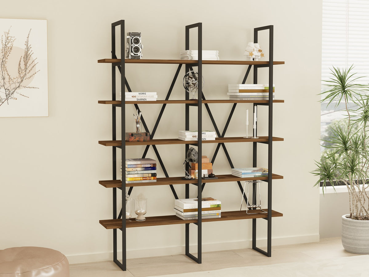 Bibliotecă Burgaz, Nuc - Negru, 126x26x160 cm, SKU 835PUQ3659, imagine 1