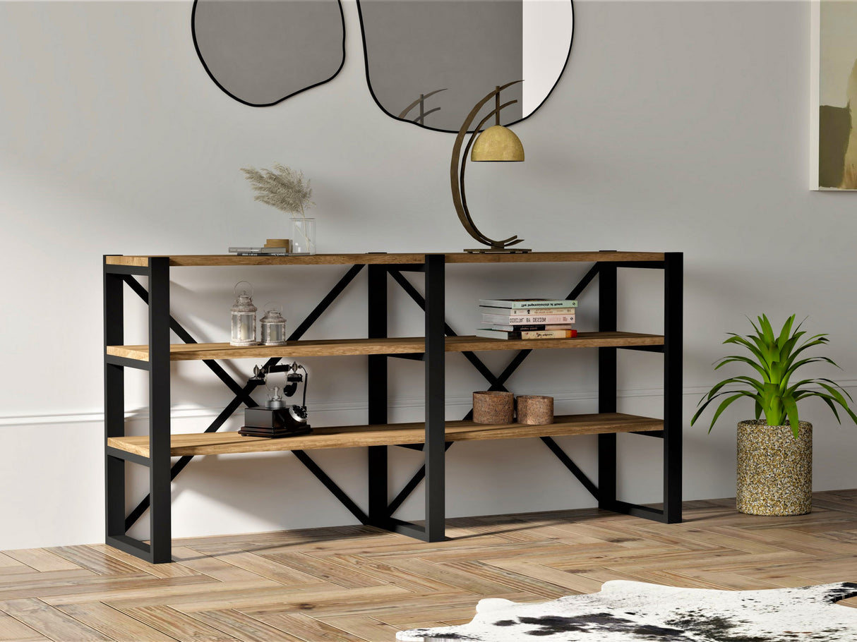 Bibliotecă Milas, Nuc - Negru, 133x32x65 cm