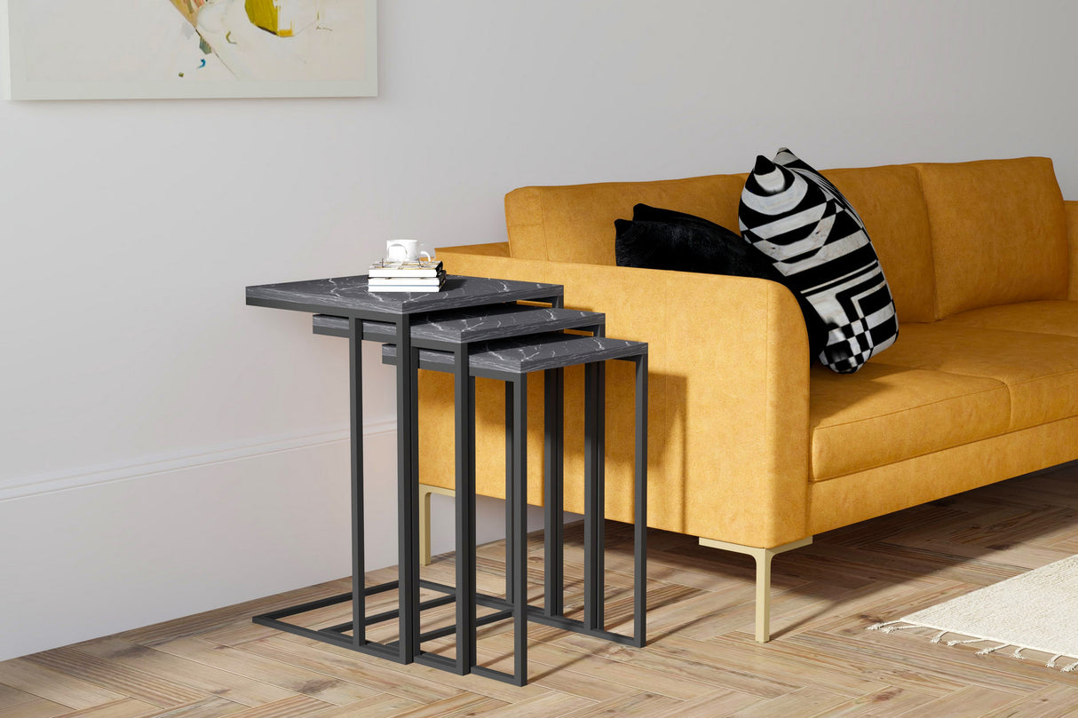 Set 3 măsuțe de cafea Black Mermer, Negru, 40x40x60 cm