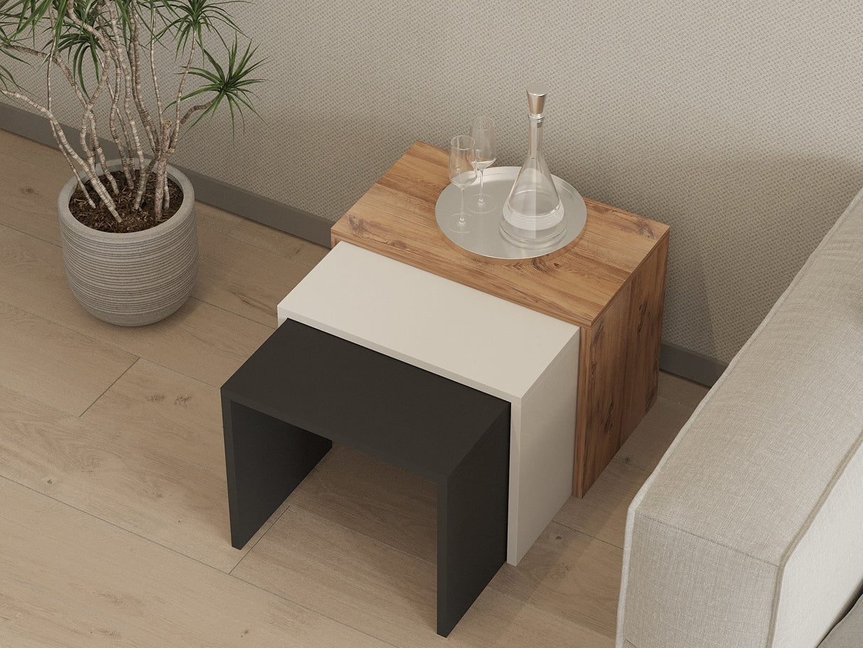 Set 3 măsuțe de cafea Gül, Antracit - Stejar - Alb, 50x30x40 cm
