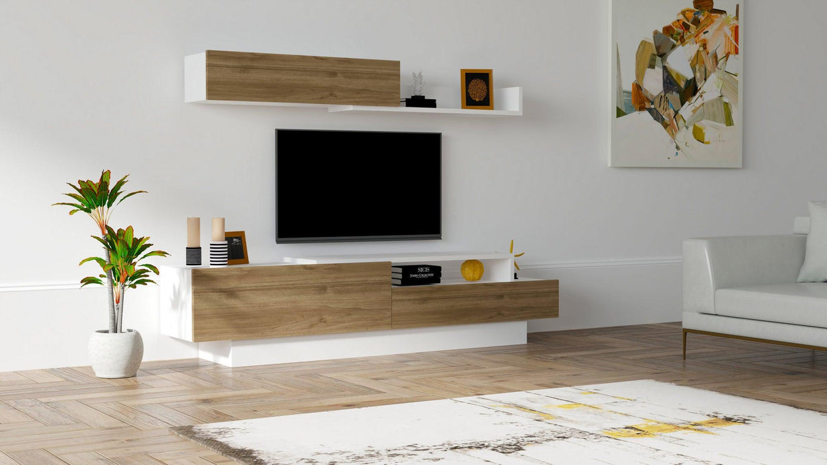 COMODA TV Elda - White, Walnut, Alb, 160x35x32 cm, SKU 835PUQ3008
