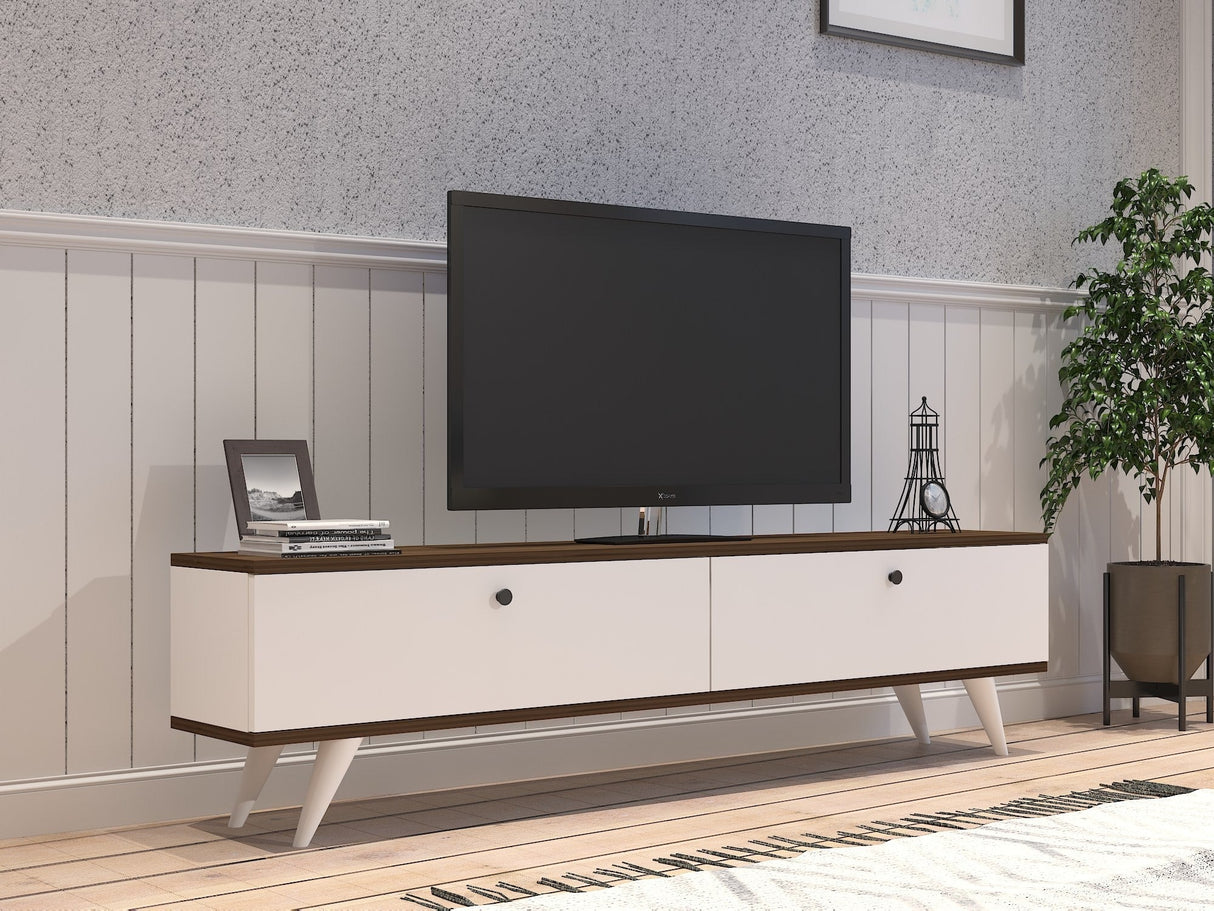 Comodă TV Paris, Diverse culori, 160x25x40 cm - Alb - Nuc | SKU: 835PUQ3021 | Comodă TV Paris, 160x25x40 cm, varianta Alb - Nuc, produs pentru amenajarea locuinței, disponibil online în România la CasaMob