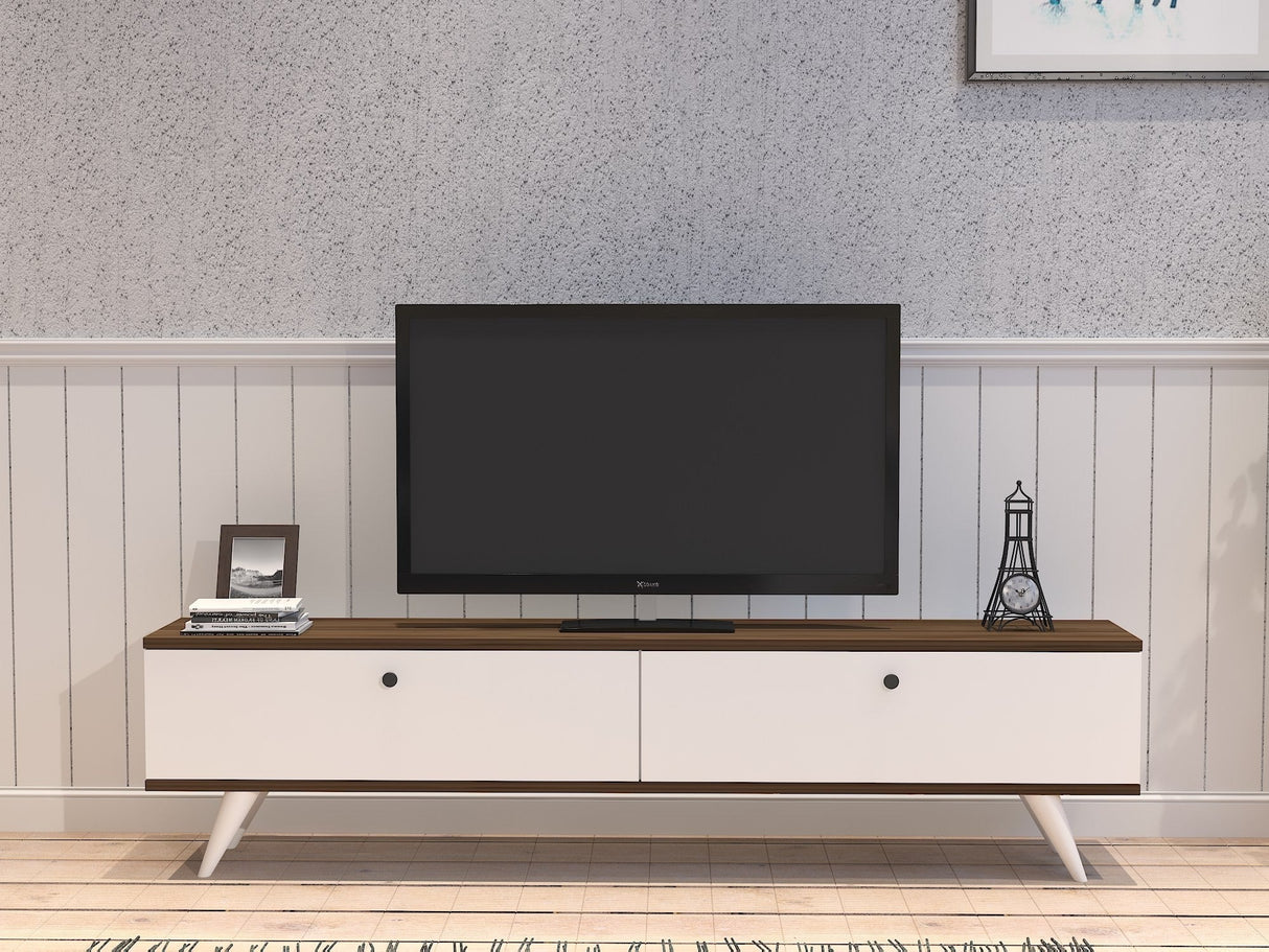 Comodă TV Paris, Diverse culori, 160x25x40 cm - Alb - Nuc | SKU: 835PUQ3021 | Comodă TV Paris, 160x25x40 cm, varianta Alb - Nuc, produs pentru amenajarea locuinței, disponibil online în România la CasaMob