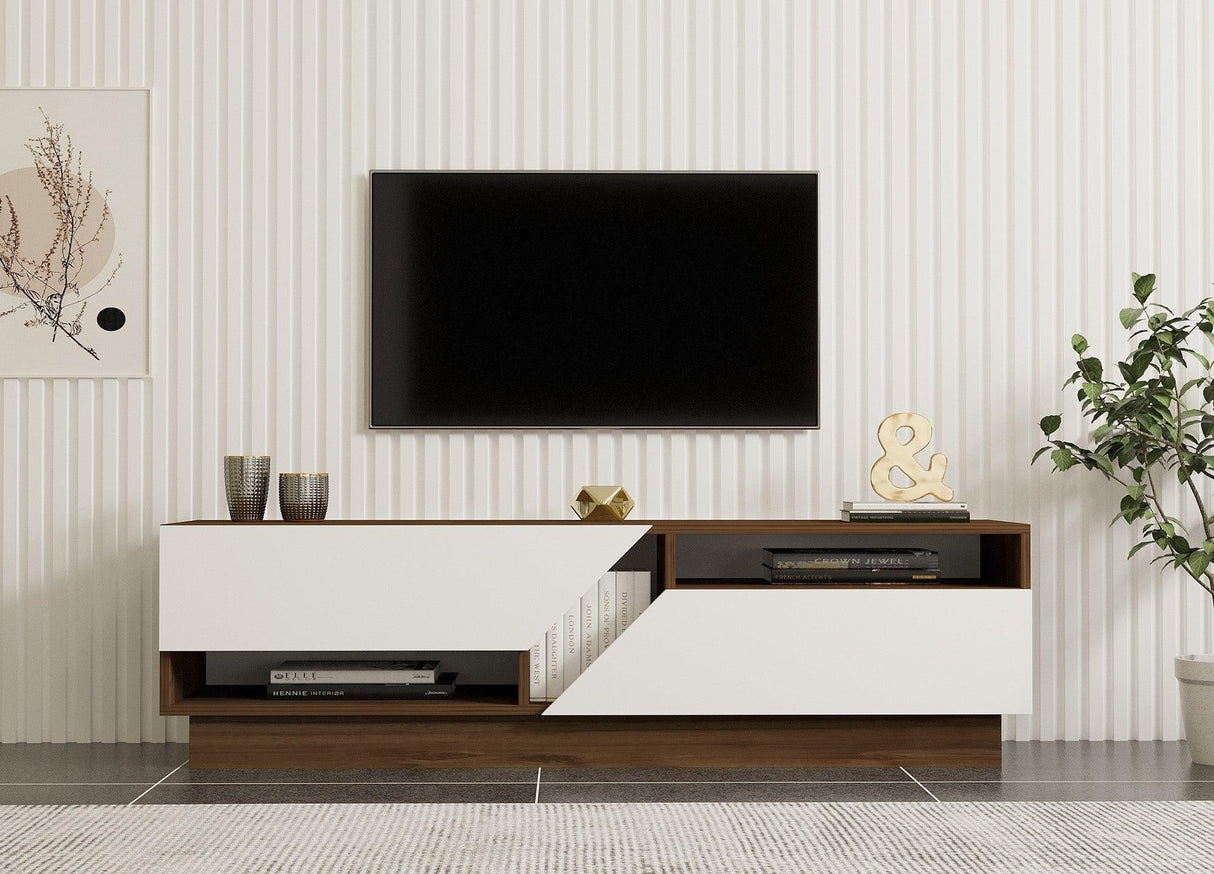 Comodă TV Koza, Diverse culori, 160x40x45 cm - Nuc - Alb | SKU: 835PUQ3058 | Comodă TV Koza, 160x40x45 cm, varianta Nuc - Alb, produs pentru amenajarea locuinței, disponibil online în România la CasaMob