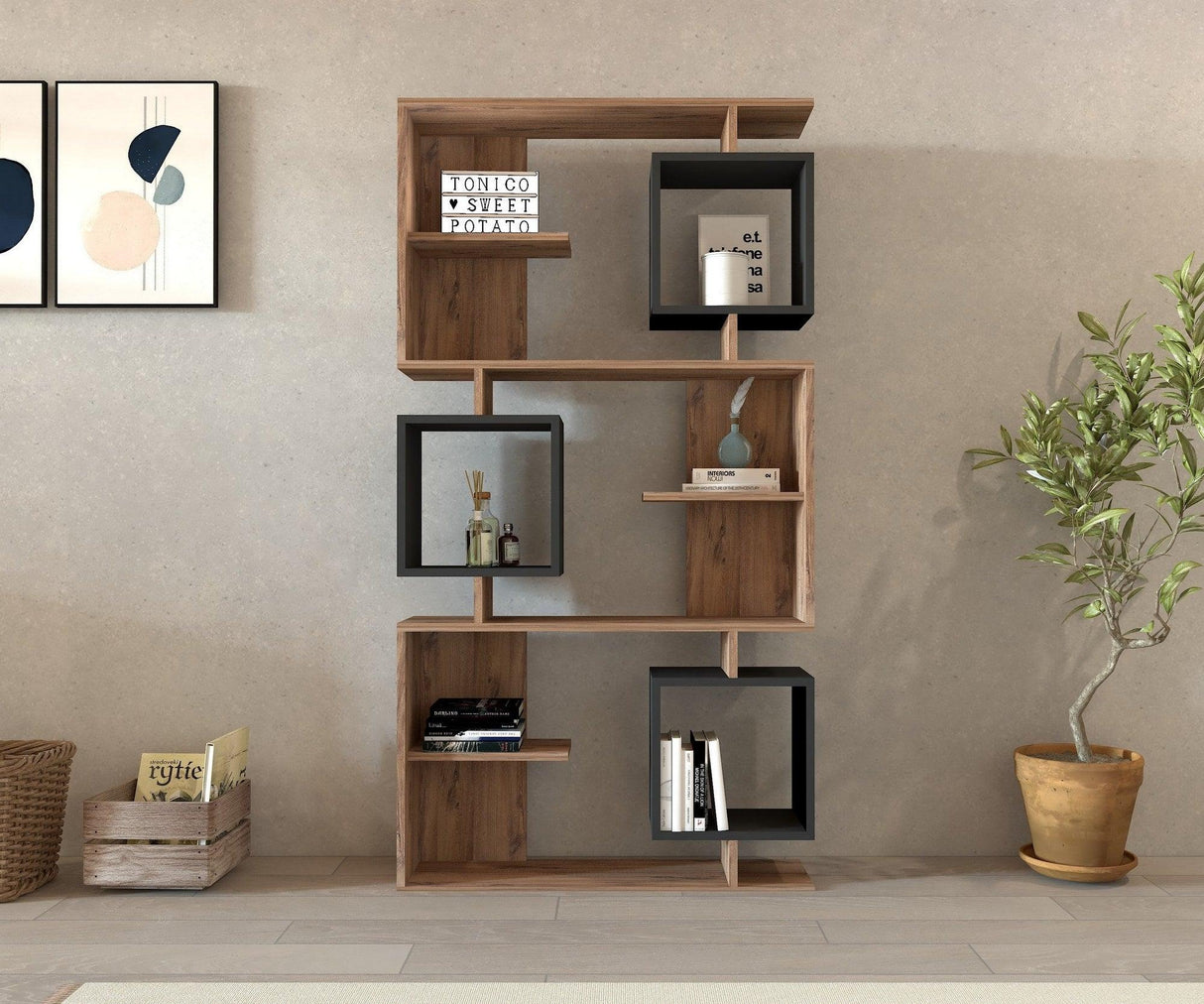 Biblioteca Edi cu 9 Rafturi, 90 X 172 X 25 Cm - Antracit Pin Atlantic, SKU 835PUQ5316