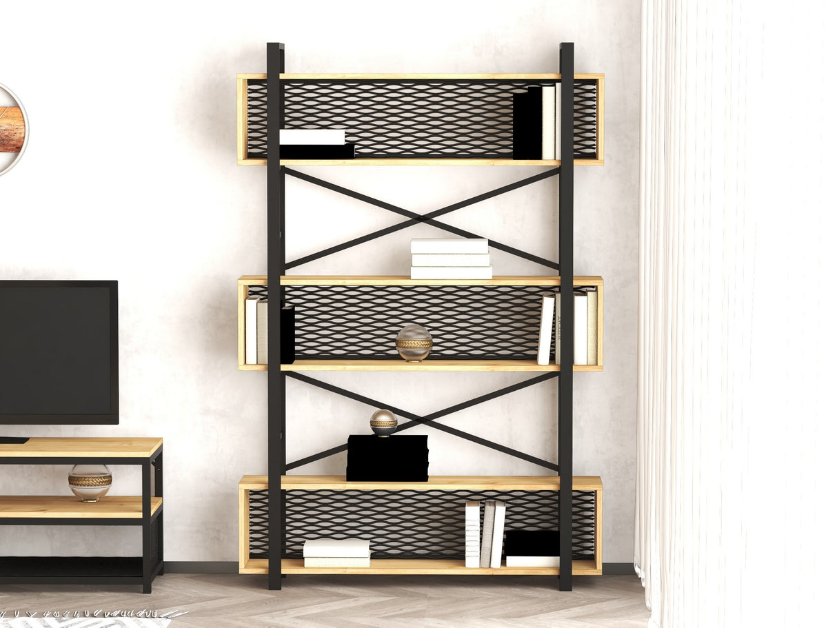 Bibliotecă Fire, Nuc - Negru, 120x27x180 cm