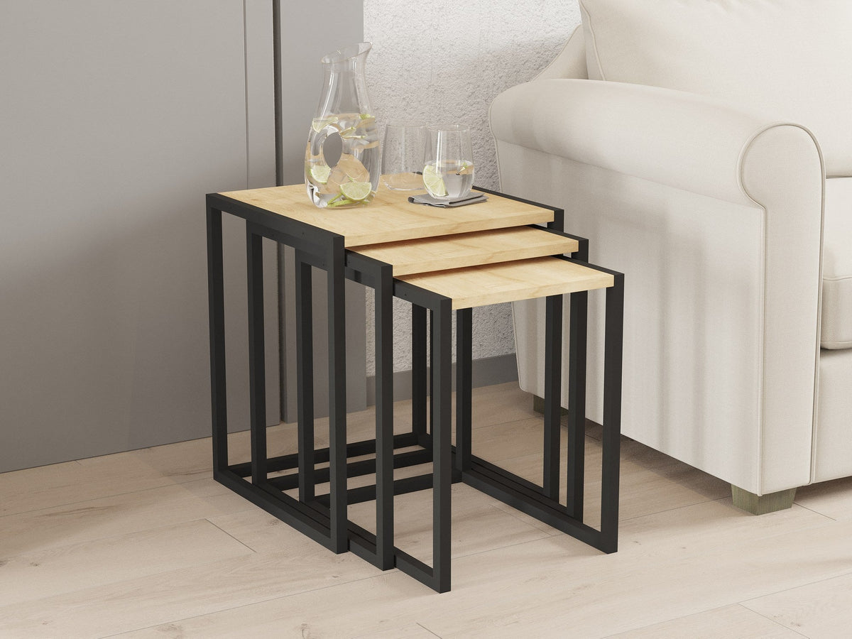 Negru - Stejar safir | SKU: 835PUQ6261 | Set 3 măsuțe de cafea Tali, 44x45x52 cm, varianta Negru - Stejar safir, produs pentru amenajarea locuinței, disponibil online în România la CasaMob