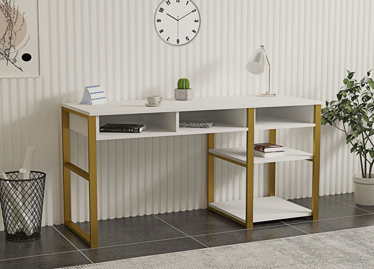 Birou Emro Gold, Alb - Auriu, 150x58x76 cm
