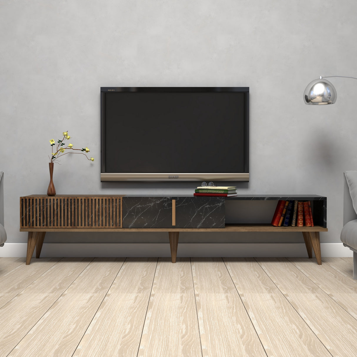 Comodă TV Milan, Nuc - Negru, 180x35x40 cm