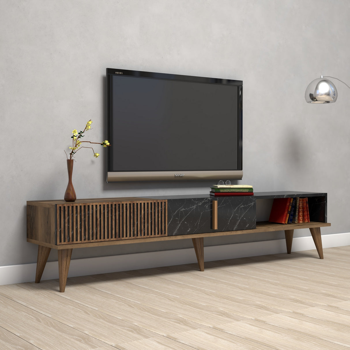 Comodă TV Milan, Nuc - Negru, 180x35x40 cm