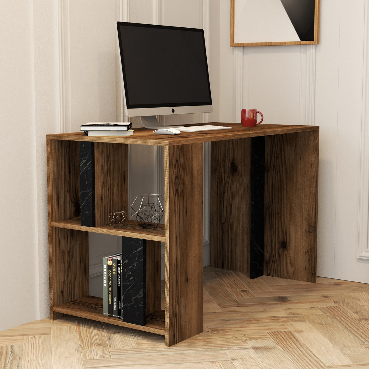 Birou Lima - Walnut, Black Marble, Nuc - Negru, 120x60x75 cm