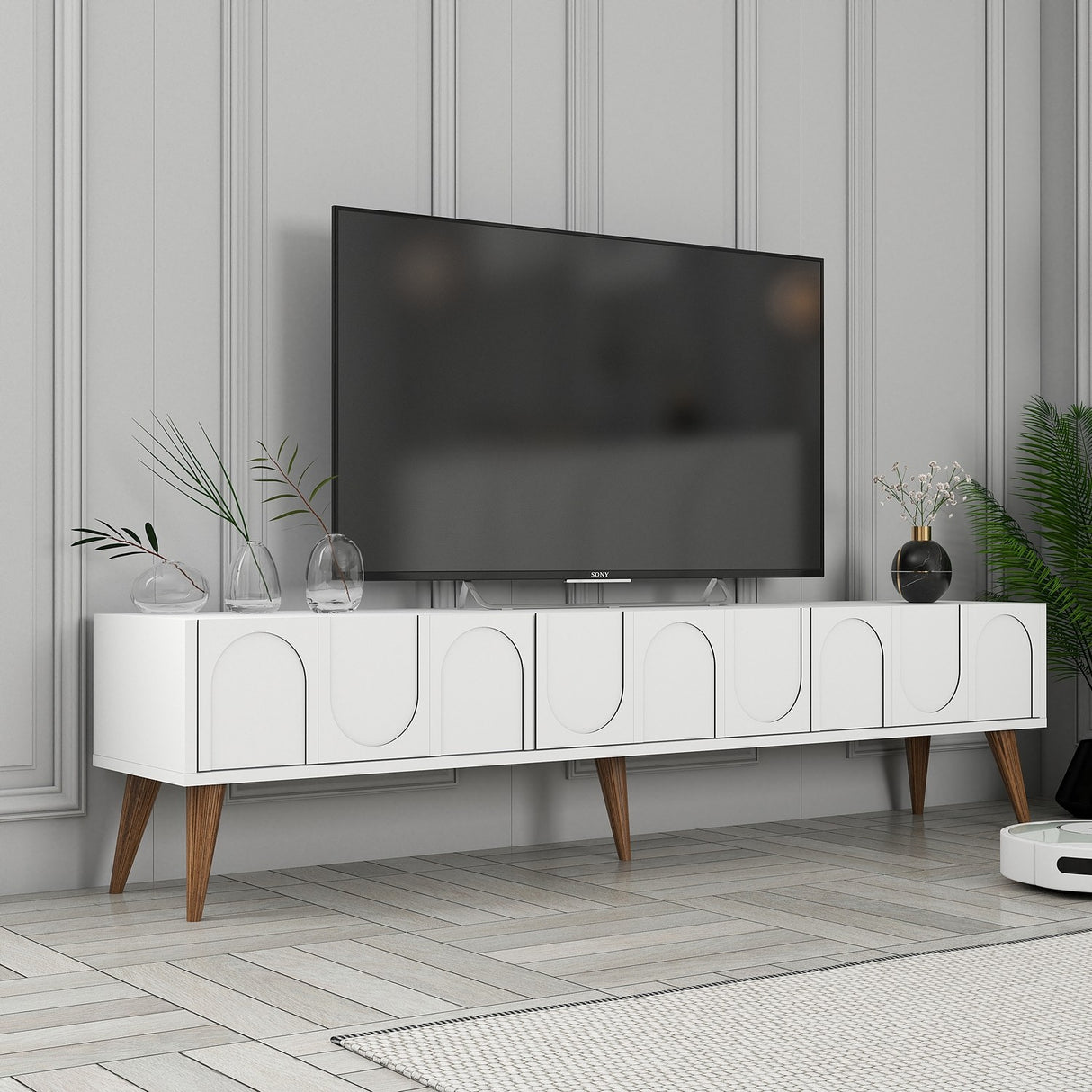 Comodă TV Lyon 44, Alb - Nuc, 180x35x44 cm