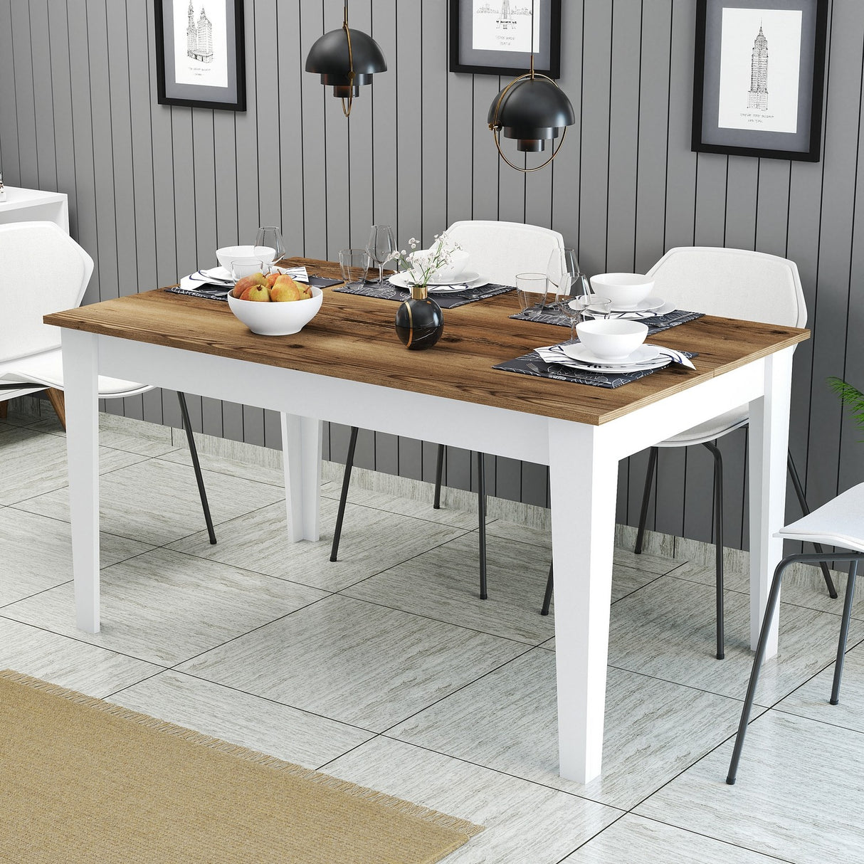 Masă dining Milan 520, Nuc - Alb, 145x88x75 cm