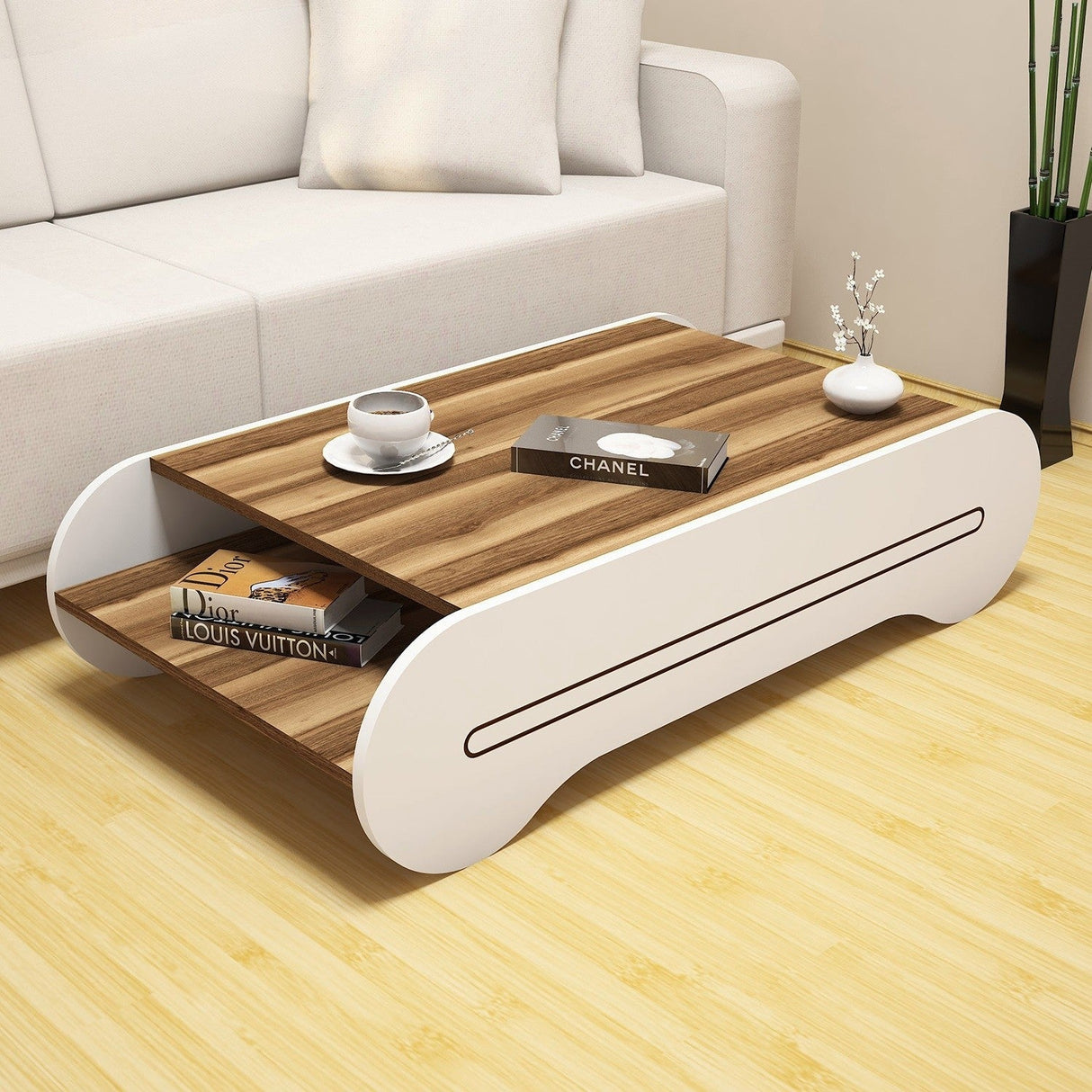 Măsuță de cafea Cool, Diverse culori, 120x64x30 cm - Nuc - Alb | SKU: 845HCT2805 | Măsuță de cafea Cool, 120x64x30 cm, varianta Nuc - Alb, produs pentru amenajarea locuinței, disponibil online în România la CasaMob