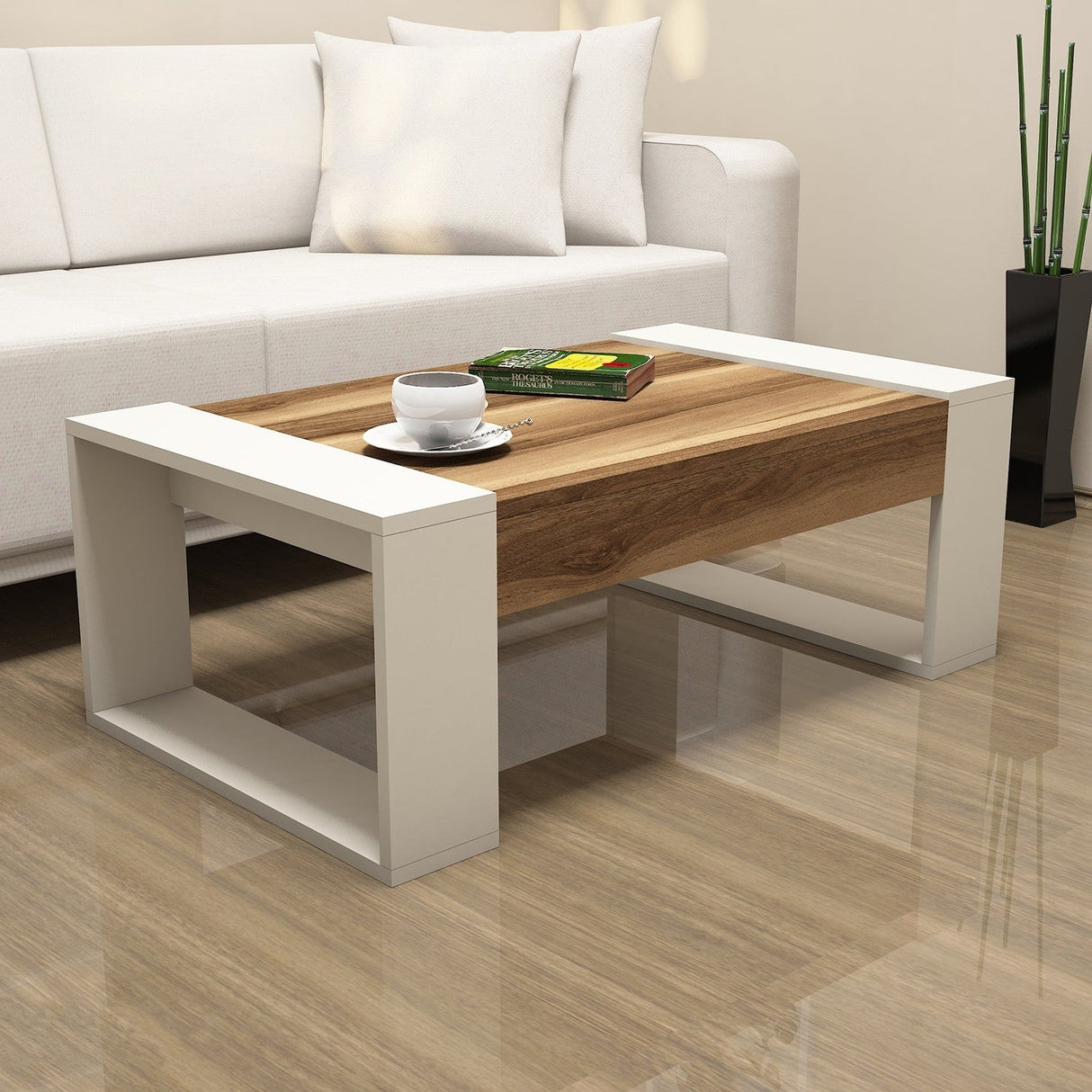 Măsuță de cafea Venüs, Diverse culori, 102x60x38 cm - Nuc - Crem | SKU: 845HCT2819 | Măsuță de cafea Venüs, 102x60x38 cm, varianta Nuc - Crem, produs pentru amenajarea locuinței, disponibil online în România la CasaMob