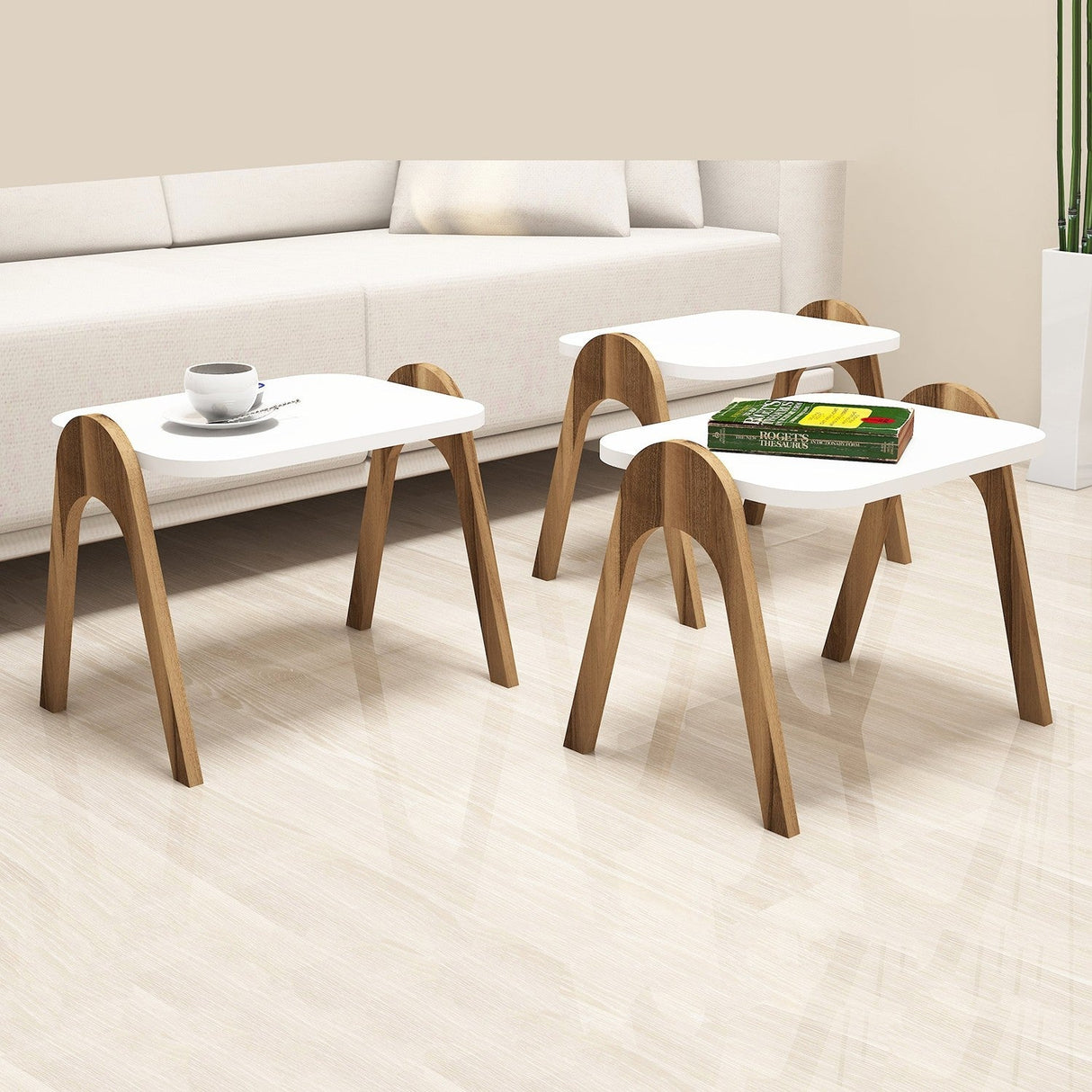 Set 3 măsuțe de cafea Paris, Diverse culori, 49x36x42 cm - Nuc - Alb | SKU: 845HCT2820 | Set 3 măsuțe de cafea Paris, 49x36x42 cm, varianta Nuc - Alb, produs pentru amenajarea locuinței, disponibil online în România la CasaMob
