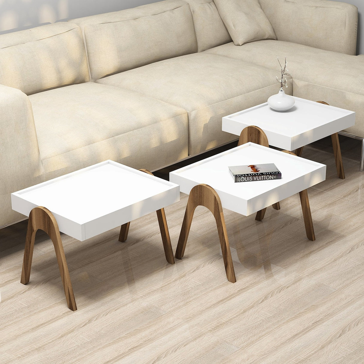 Set 3 măsuțe de cafea Roma, Diverse culori, 54x40x64 cm - Nuc - Alb | SKU: 845HCT2824 | Set 3 măsuțe de cafea Roma, 54x40x64 cm, varianta Nuc - Alb, produs pentru amenajarea locuinței, disponibil online în România la CasaMob