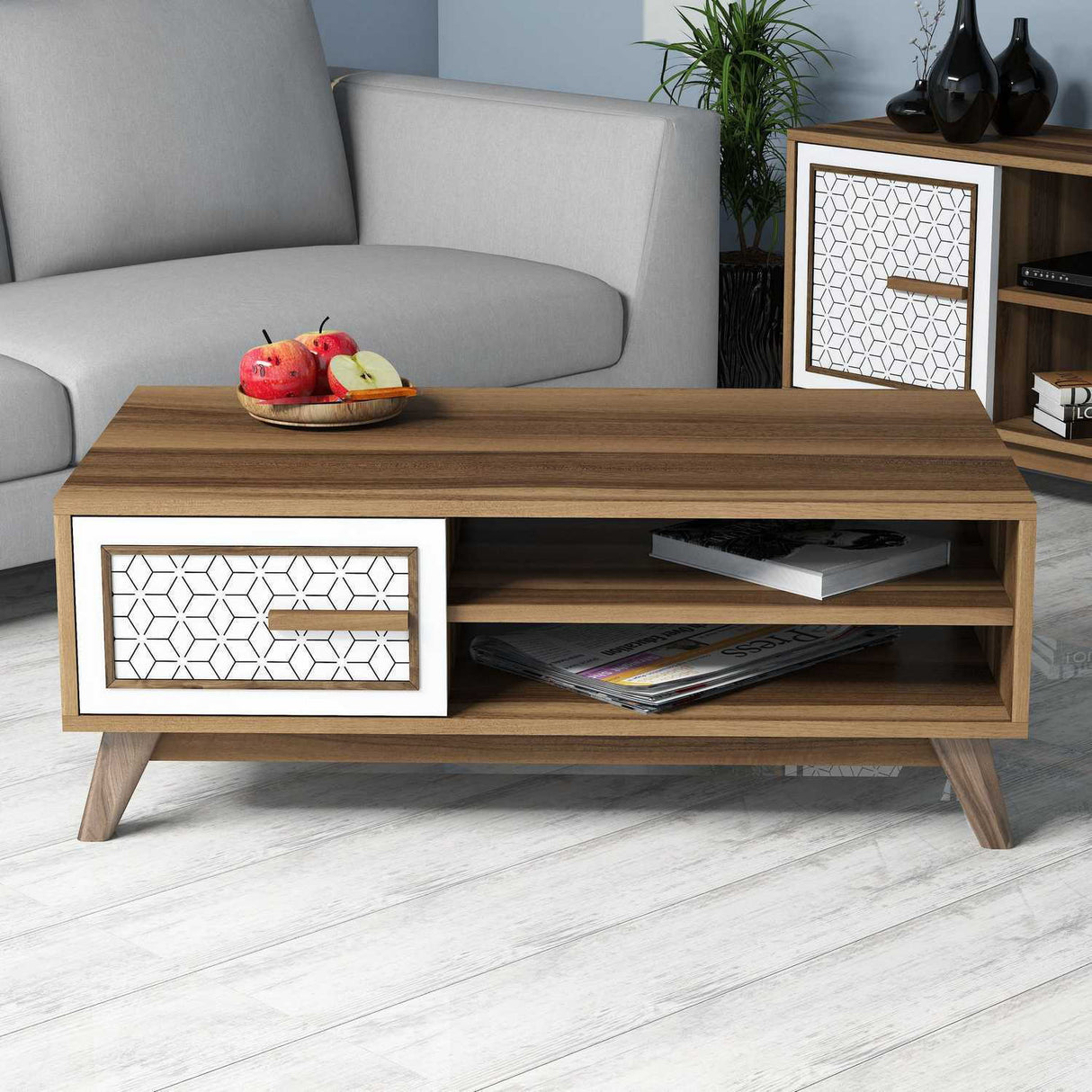 Măsuță de cafea Ayla, Diverse culori, 105x60x38 cm - Nuc - Alb | SKU: 845HCT2832 | Măsuță de cafea Ayla, 105x60x38 cm, varianta Nuc - Alb, produs pentru amenajarea locuinței, disponibil online în România la CasaMob