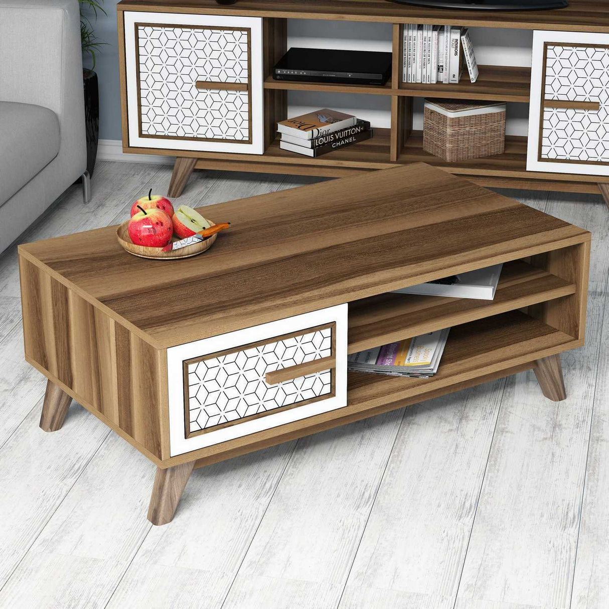 Măsuță de cafea Ayla, Diverse culori, 105x60x38 cm - Nuc - Alb | SKU: 845HCT2832 | Măsuță de cafea Ayla, 105x60x38 cm, varianta Nuc - Alb, produs pentru amenajarea locuinței, disponibil online în România la CasaMob
