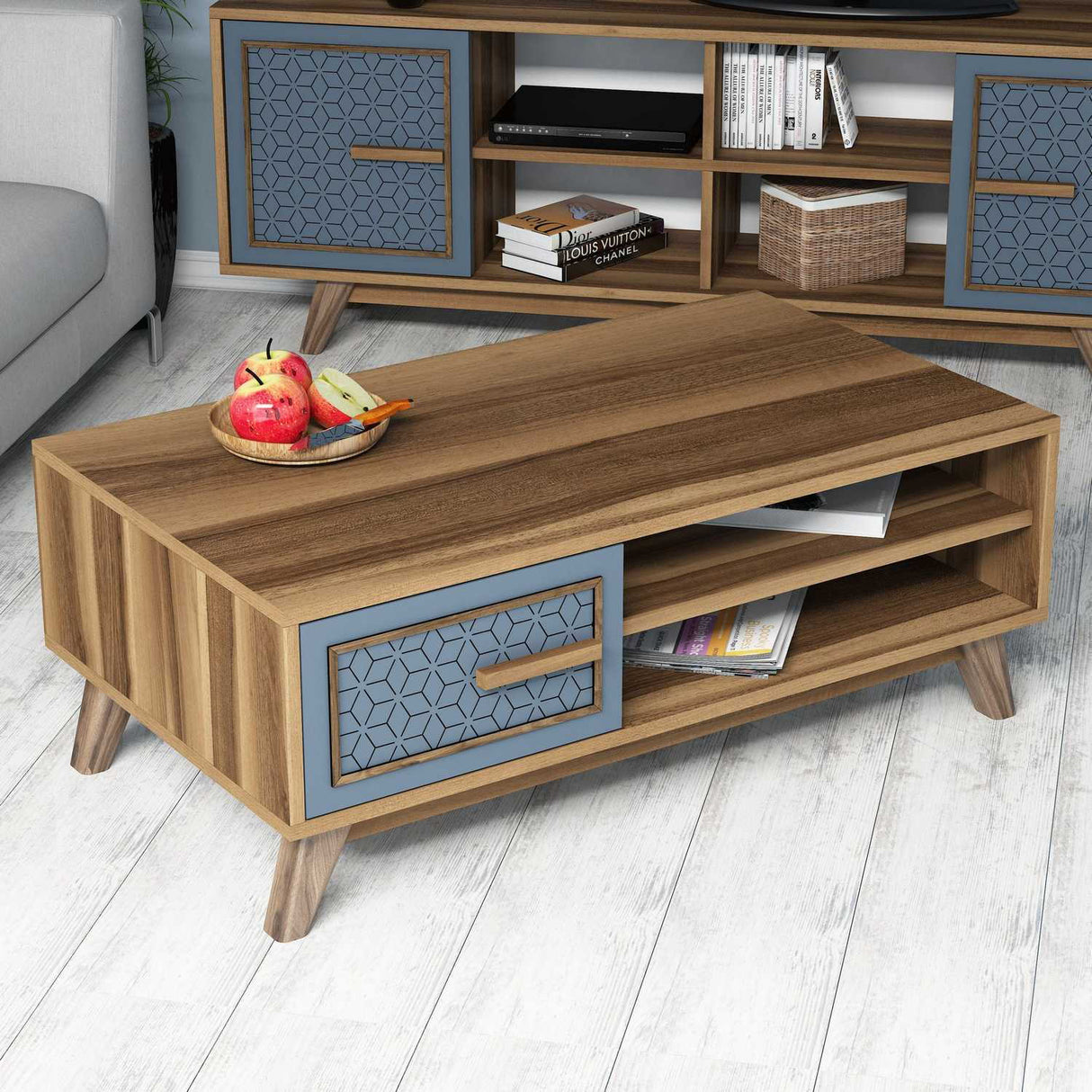Măsuță de cafea Ayla, Diverse culori, 105x60x38 cm - Nuc - Albastru | SKU: 845HCT2834 | Măsuță de cafea Ayla, 105x60x38 cm, varianta Nuc - Albastru, produs pentru amenajarea locuinței, disponibil online în România la CasaMob