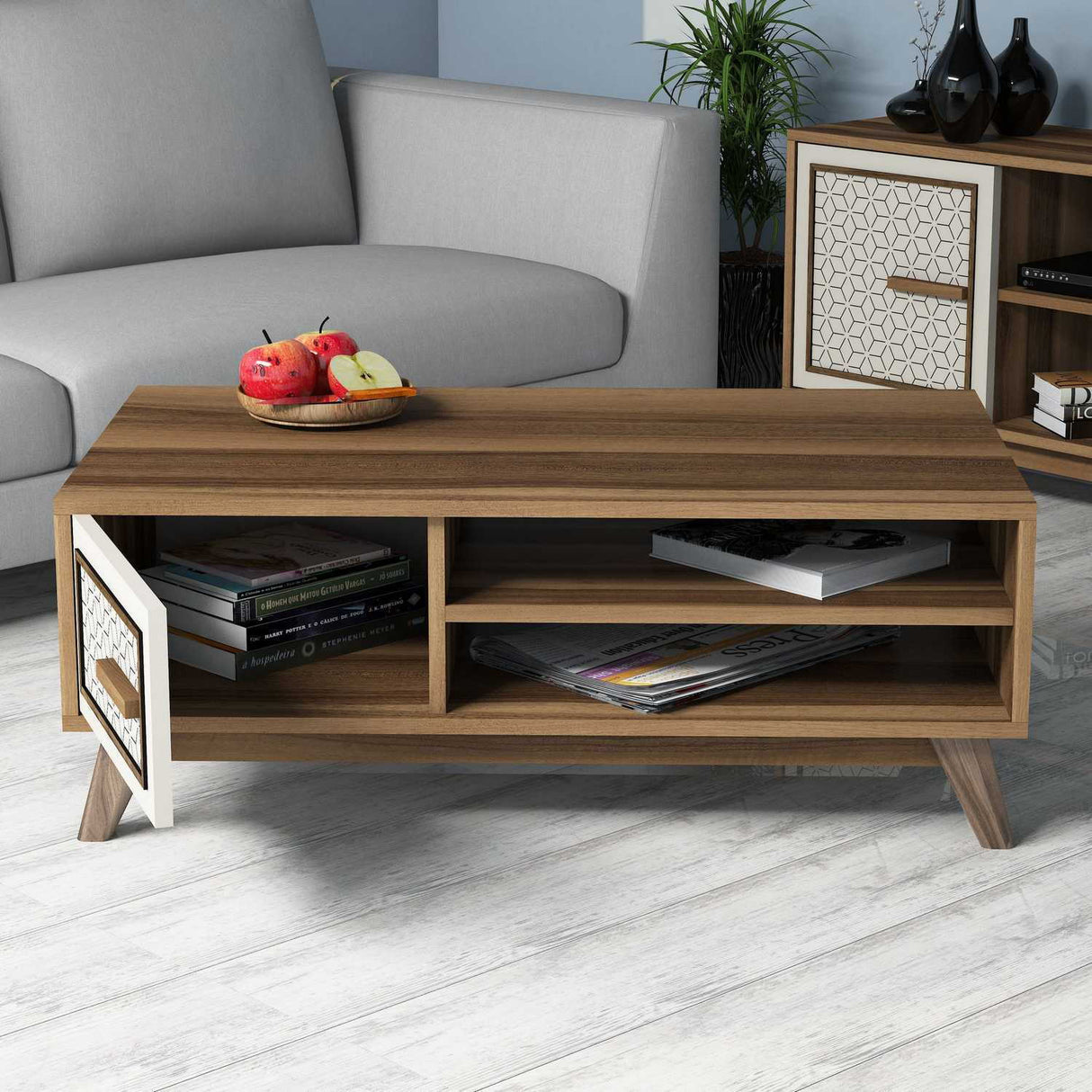 Măsuță de cafea Ayla, Diverse culori, 105x60x38 cm - Nuc - Crem | SKU: 845HCT2835 | Măsuță de cafea Ayla, 105x60x38 cm, varianta Nuc - Crem, produs pentru amenajarea locuinței, disponibil online în România la CasaMob
