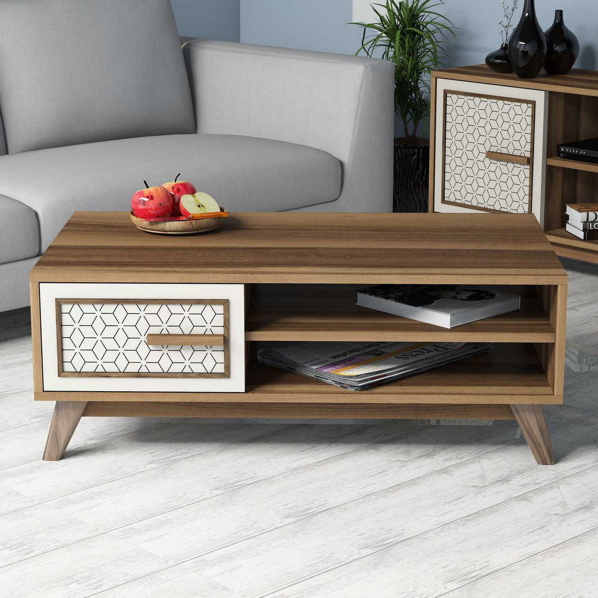 Măsuță de cafea Ayla, Diverse culori, 105x60x38 cm - Nuc - Crem | SKU: 845HCT2835 | Măsuță de cafea Ayla, 105x60x38 cm, varianta Nuc - Crem, produs pentru amenajarea locuinței, disponibil online în România la CasaMob