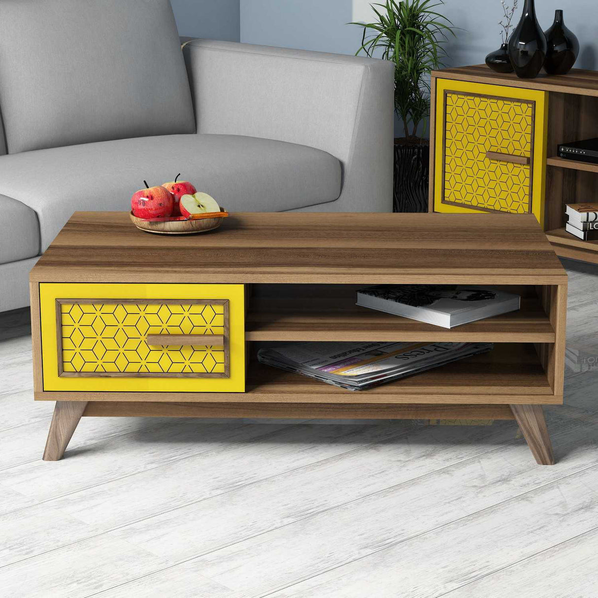 Măsuță de cafea Ayla, Diverse culori, 105x60x38 cm - Nuc - Galben | SKU: 845HCT2836 | Măsuță de cafea Ayla, 105x60x38 cm, varianta Nuc - Galben, produs pentru amenajarea locuinței, disponibil online în România la CasaMob