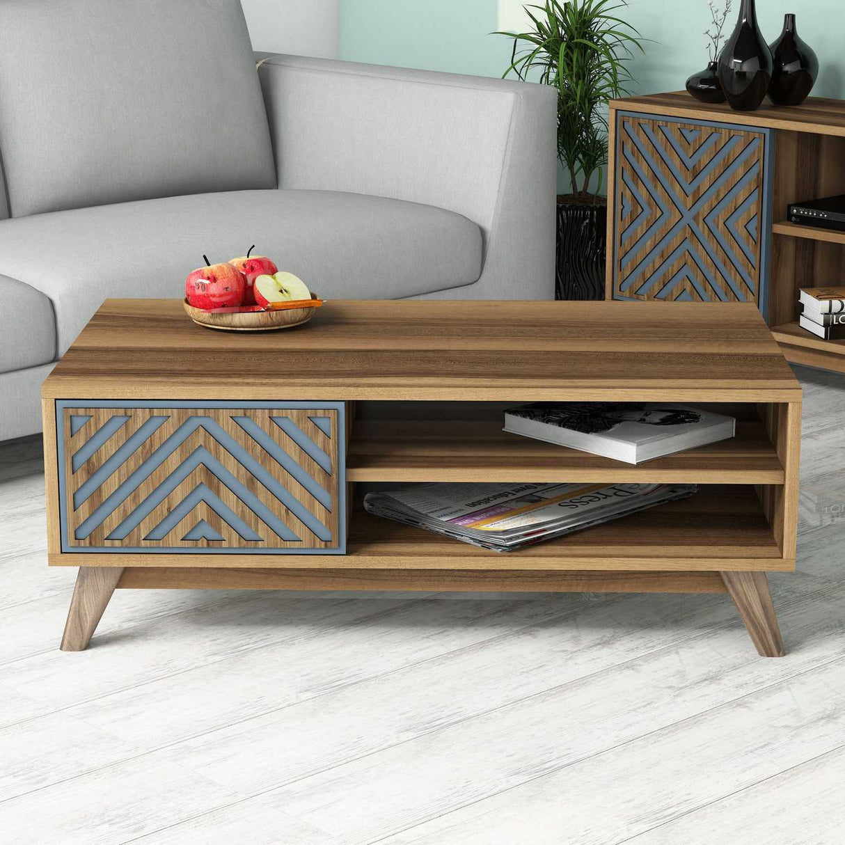 Măsuță de cafea Inci, Diverse culori, 105x60x38 cm - Nuc - Albastru | SKU: 845HCT2839 | Măsuță de cafea Inci, 105x60x38 cm, varianta Nuc - Albastru, produs pentru amenajarea locuinței, disponibil online în România la CasaMob