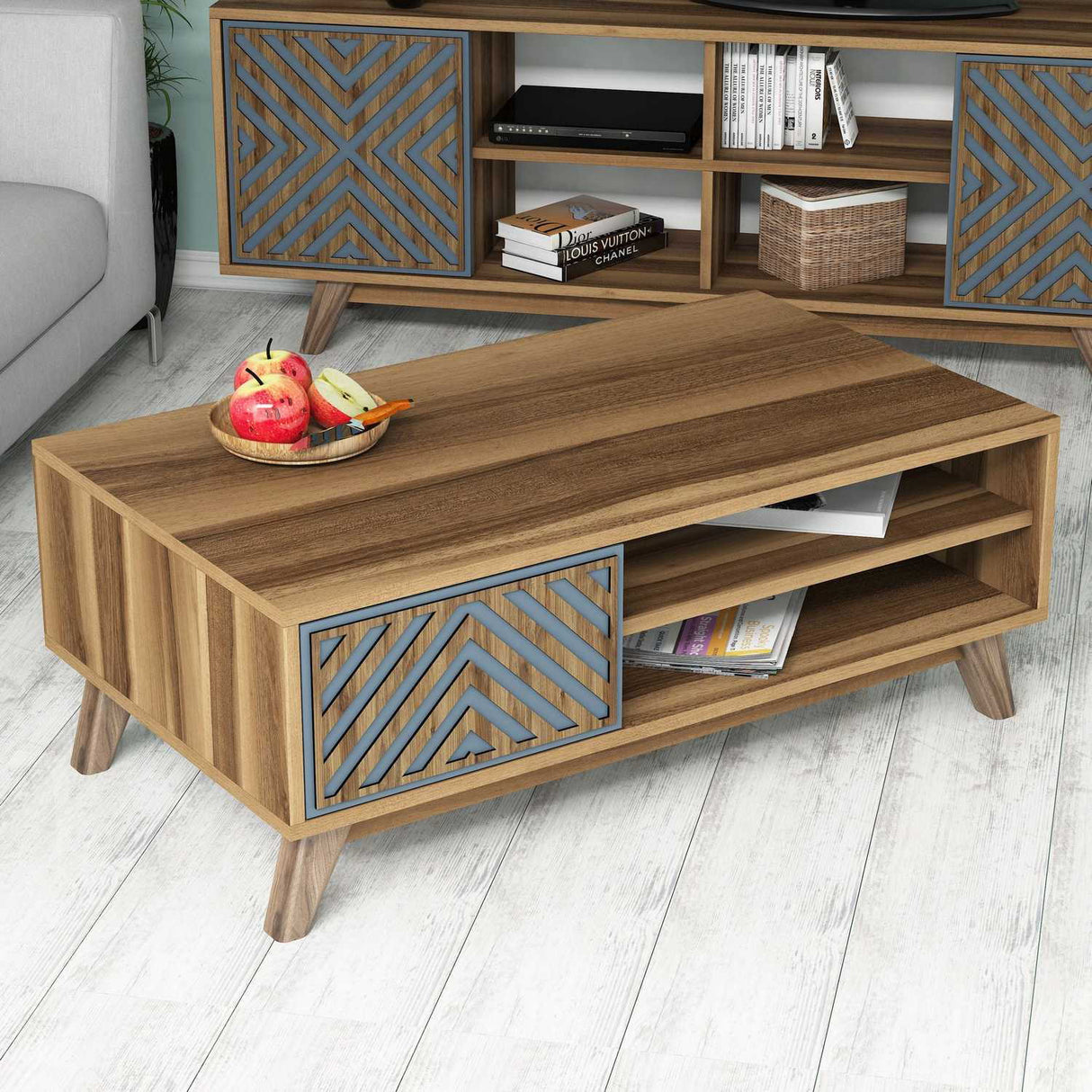 Măsuță de cafea Inci, Diverse culori, 105x60x38 cm - Nuc - Albastru | SKU: 845HCT2839 | Măsuță de cafea Inci, 105x60x38 cm, varianta Nuc - Albastru, produs pentru amenajarea locuinței, disponibil online în România la CasaMob