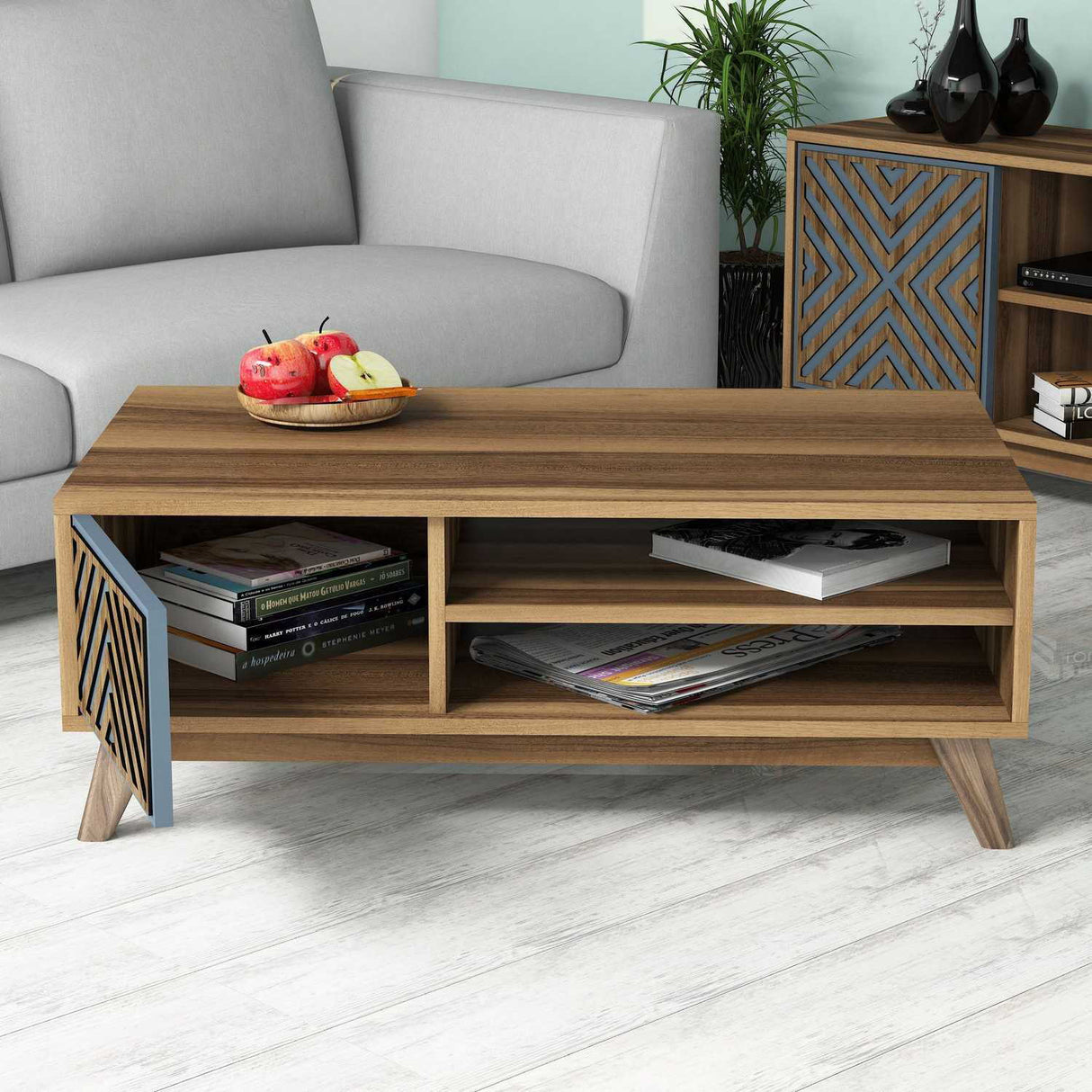 Măsuță de cafea Inci, Diverse culori, 105x60x38 cm - Nuc - Albastru | SKU: 845HCT2839 | Măsuță de cafea Inci, 105x60x38 cm, varianta Nuc - Albastru, produs pentru amenajarea locuinței, disponibil online în România la CasaMob