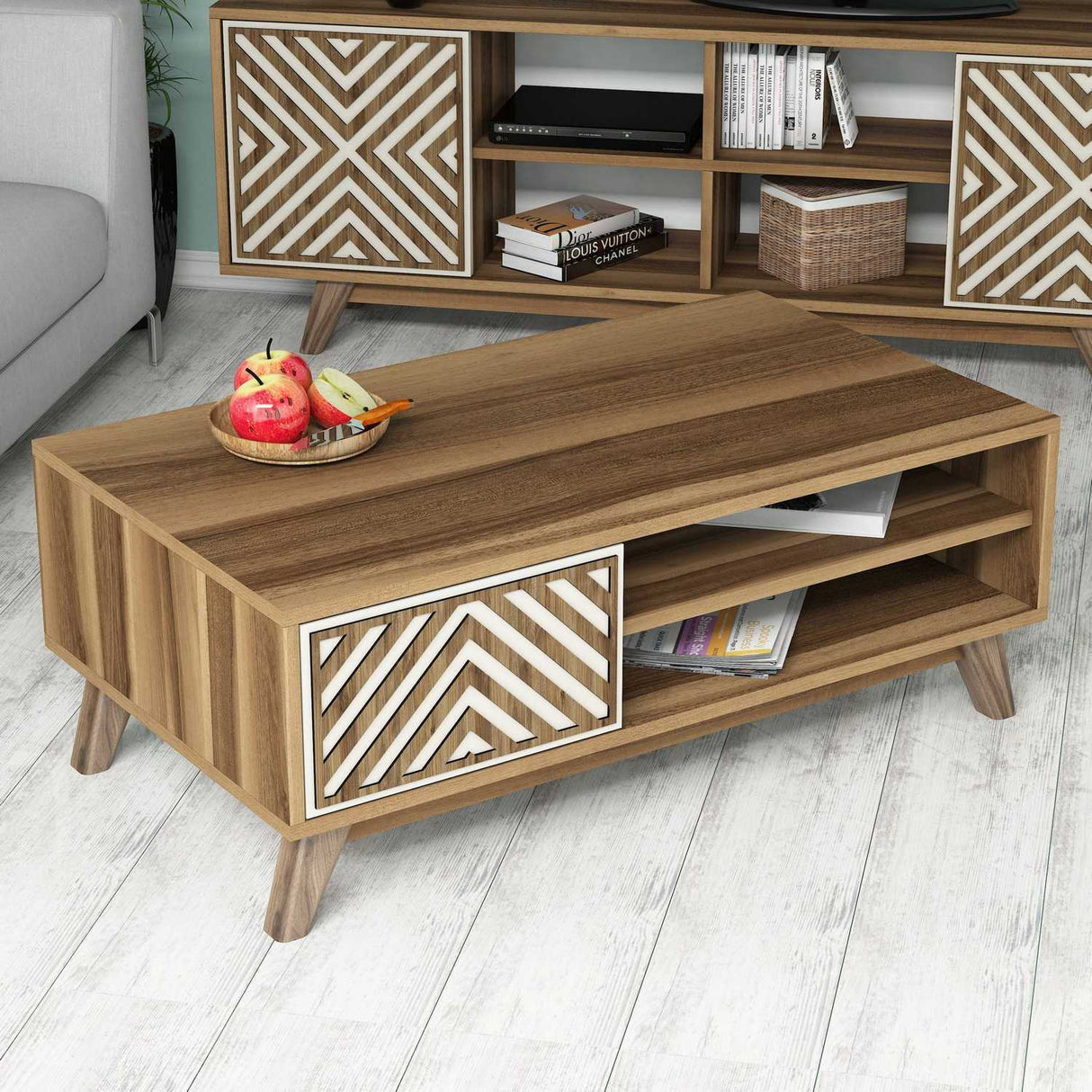 Măsuță de cafea Inci, Diverse culori, 105x60x38 cm - Nuc - Crem | SKU: 845HCT2840 | Măsuță de cafea Inci, 105x60x38 cm, varianta Nuc - Crem, produs pentru amenajarea locuinței, disponibil online în România la CasaMob