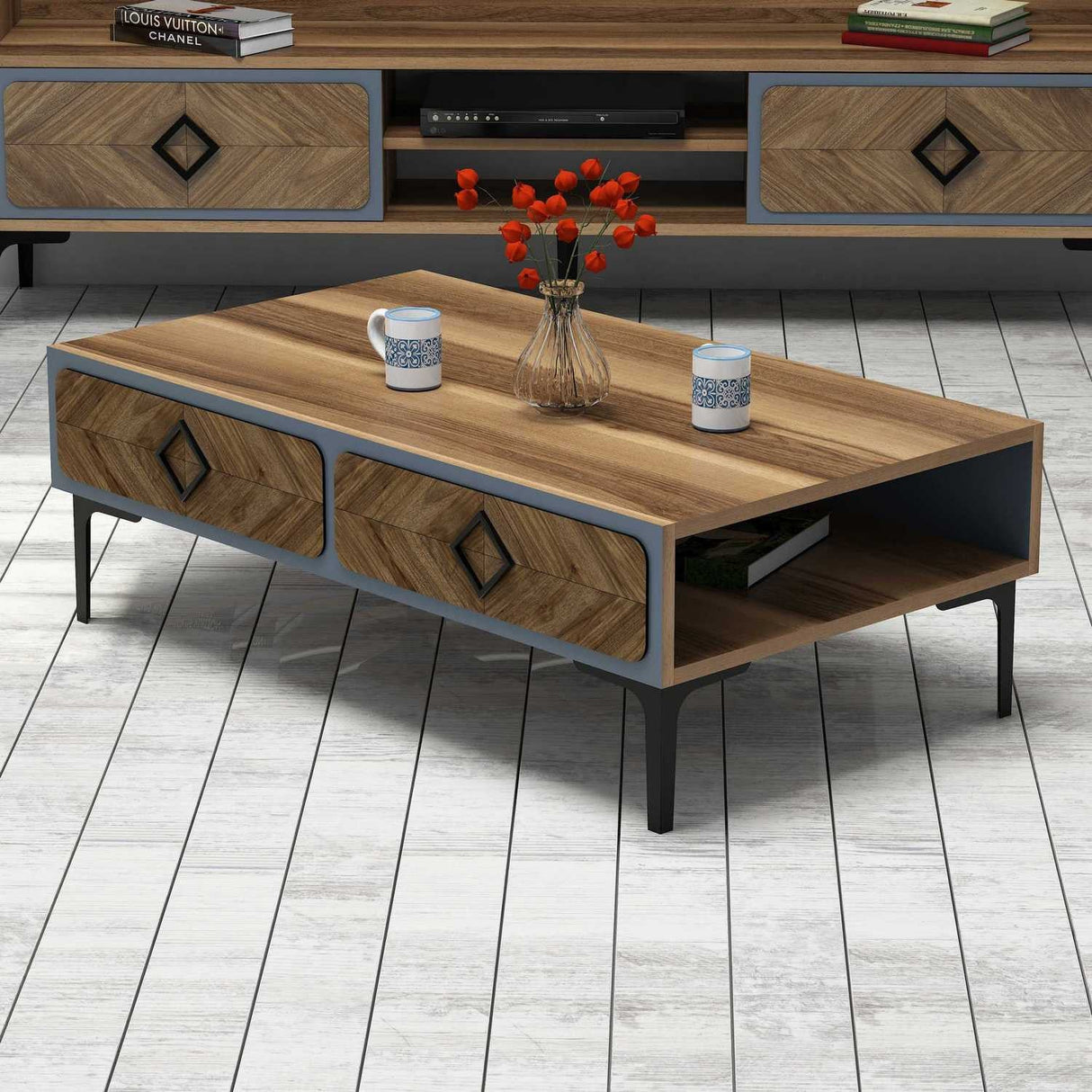 Măsuță de cafea Samba, Diverse culori, 105x60x35 cm - Nuc - Albastru | SKU: 845HCT2848 | Măsuță de cafea Samba, 105x60x35 cm, varianta Nuc - Albastru, produs pentru amenajarea locuinței, disponibil online în România la CasaMob