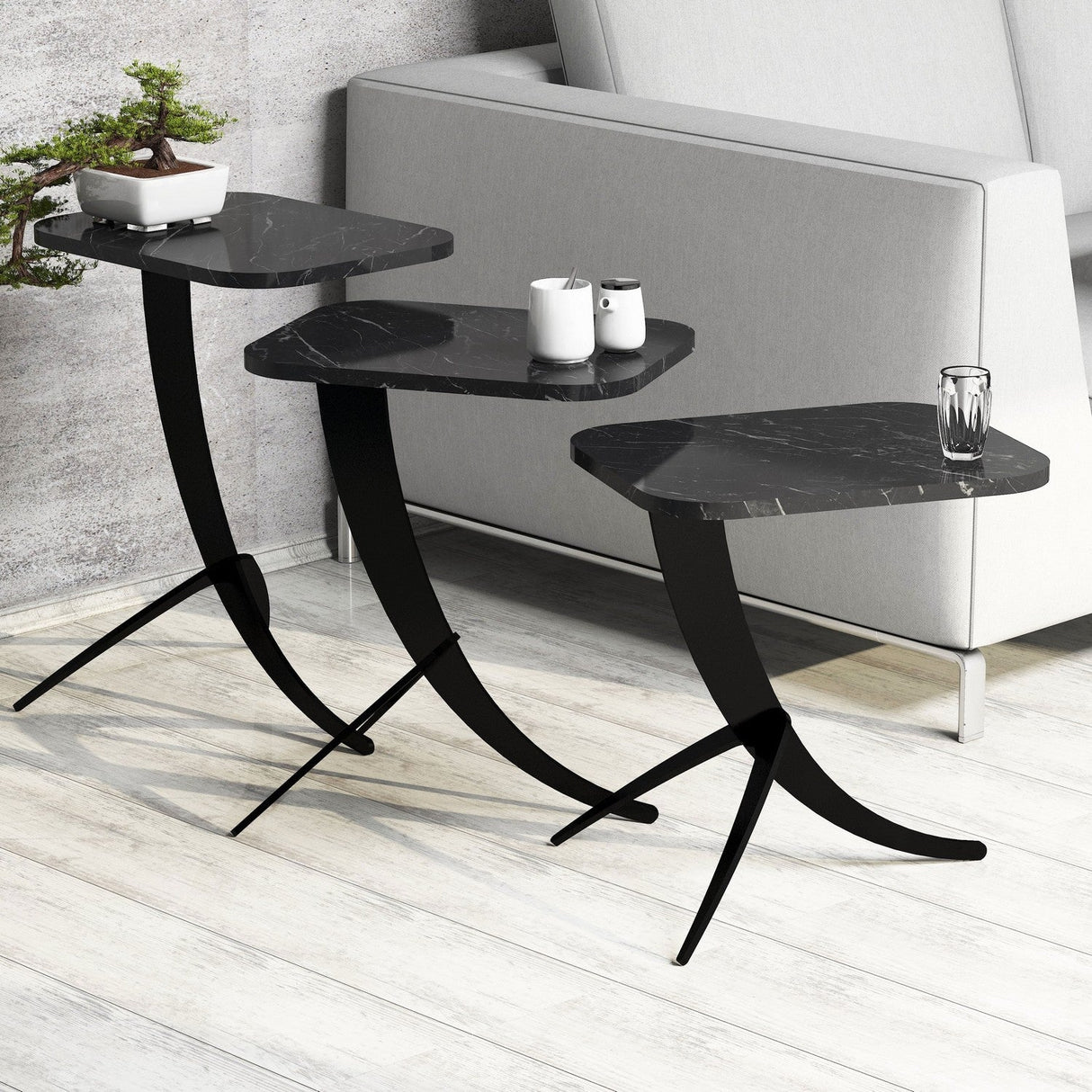 Set 3 măsuțe de cafea Pion Marble, Diverse culori, 35x60x45 cm - Negru | SKU: 845HCT2875 | Set 3 măsuțe de cafea Pion Marble, 35x60x45 cm, varianta Negru, produs pentru amenajarea locuinței, disponibil online în România la CasaMob