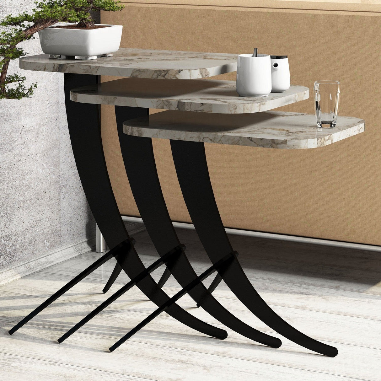Set 3 măsuțe de cafea Pion Marble, Diverse culori, 35x60x45 cm - Alb - Negru | SKU: 845HCT2876 | Set 3 măsuțe de cafea Pion Marble, 35x60x45 cm, varianta Alb - Negru, produs pentru amenajarea locuinței, disponibil online în România la CasaMob