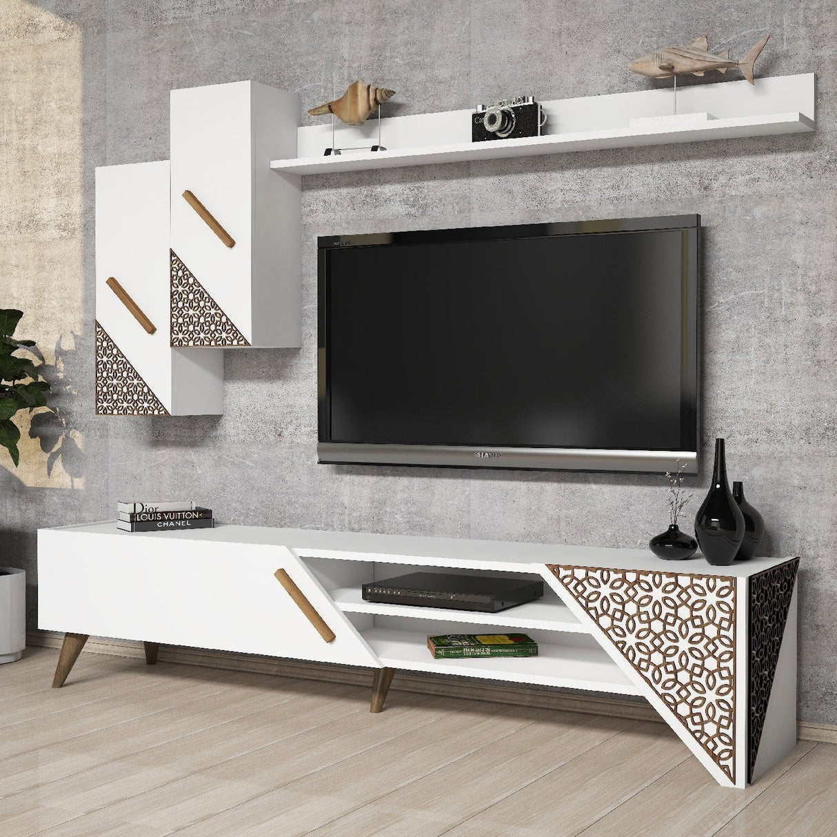 Comodă TV Beril, Diverse culori, 180x37x40 cm - Alb | SKU: 845HCT3001 | Comodă TV Beril, 180x37x40 cm, varianta Alb, produs pentru amenajarea locuinței, disponibil online în România la CasaMob