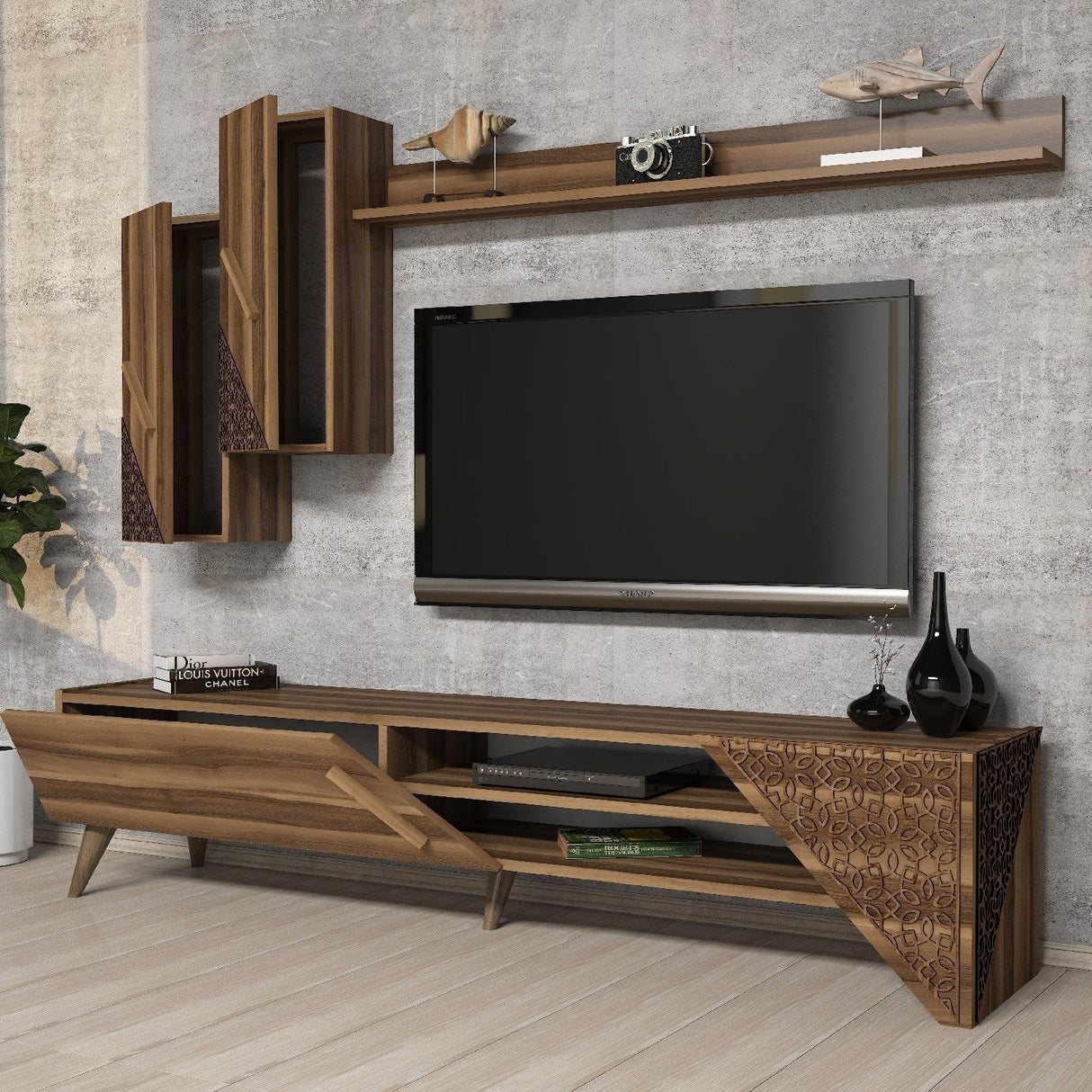 Comodă TV Beril, Diverse culori, 180x37x40 cm - Nuc | SKU: 845HCT3002 | Comodă TV Beril, 180x37x40 cm, varianta Nuc, produs pentru amenajarea locuinței, disponibil online în România la CasaMob