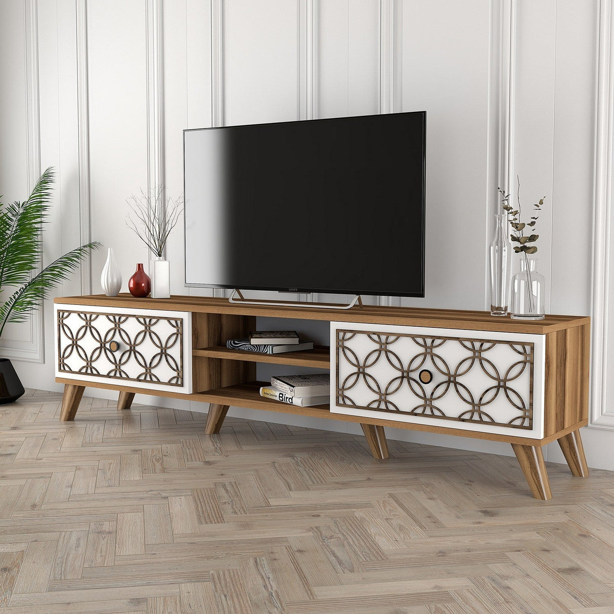 Comodă TV Class, Diverse culori, Diverse dimensiuni - Nuc - Alb - 180x35x44 cm | SKU: 845HCT3005 | Comodă TV Class, varianta Nuc - Alb - 180x35x44 cm, produs pentru amenajarea locuinței, disponibil online în România la CasaMob