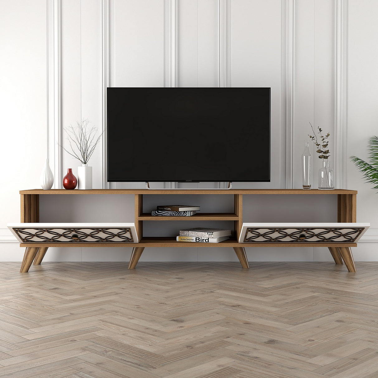 Comodă TV Class, Diverse culori, Diverse dimensiuni - Nuc - Alb - 180x35x44 cm | SKU: 845HCT3005 | Comodă TV Class, varianta Nuc - Alb - 180x35x44 cm, produs pentru amenajarea locuinței, disponibil online în România la CasaMob