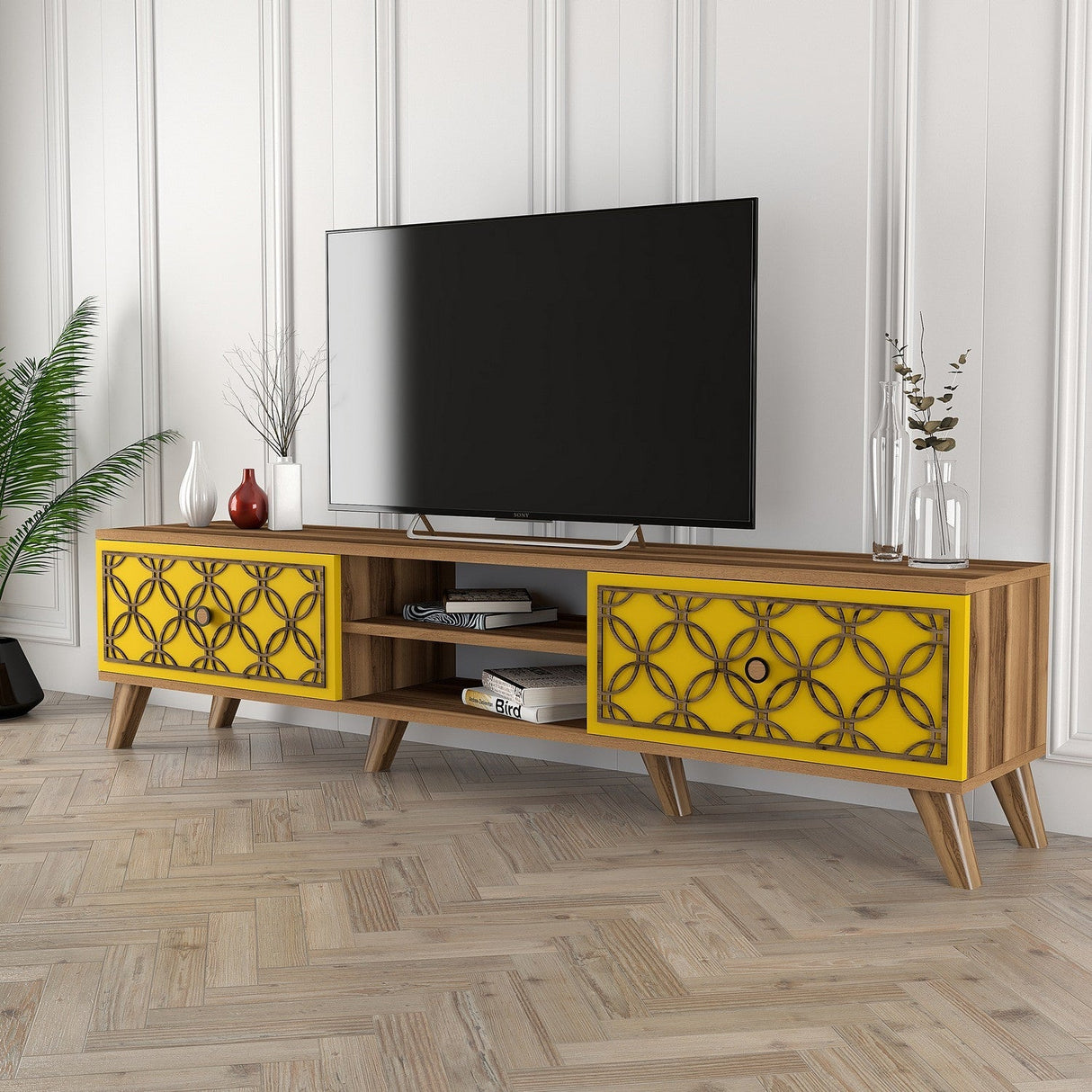 Comodă TV Class, Diverse culori, Diverse dimensiuni - Nuc - Galben - 180x35x44 cm | SKU: 845HCT3008 | Comodă TV Class, varianta Nuc - Galben - 180x35x44 cm, produs pentru amenajarea locuinței, disponibil online în România la CasaMob